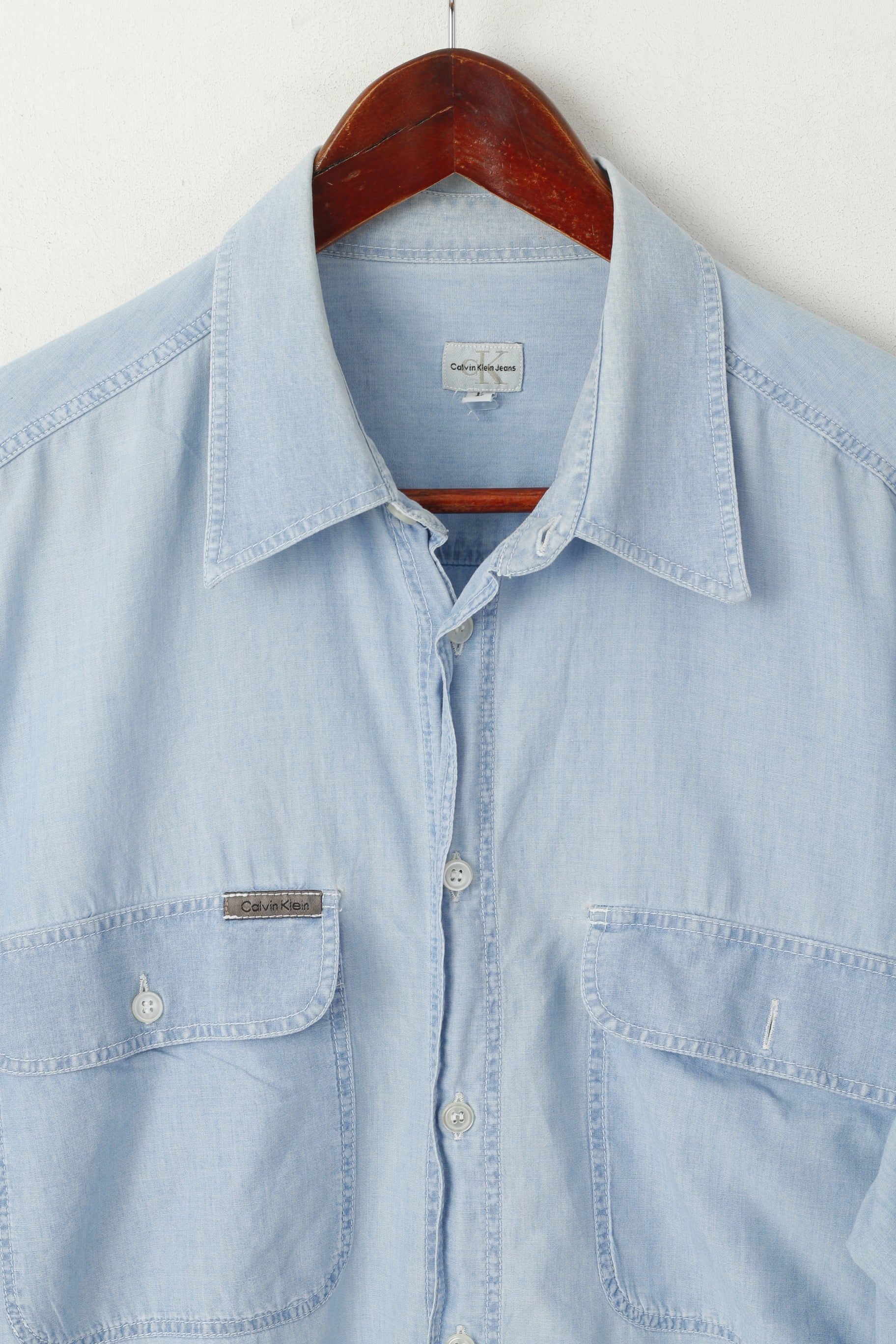 Calvin Klein Jeans Men L Casual Shirt Light Blue Cotton Soft Long Sleeve Top - Image 2