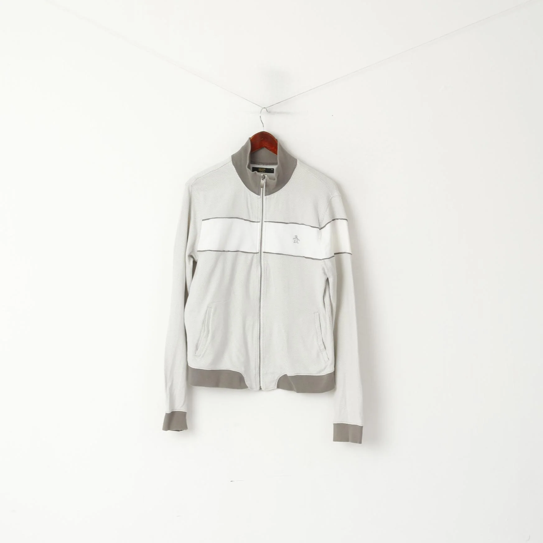Penguin Men M (S) Sweatshirt Grey Cotton Full Zipper Herringbone Casual Top