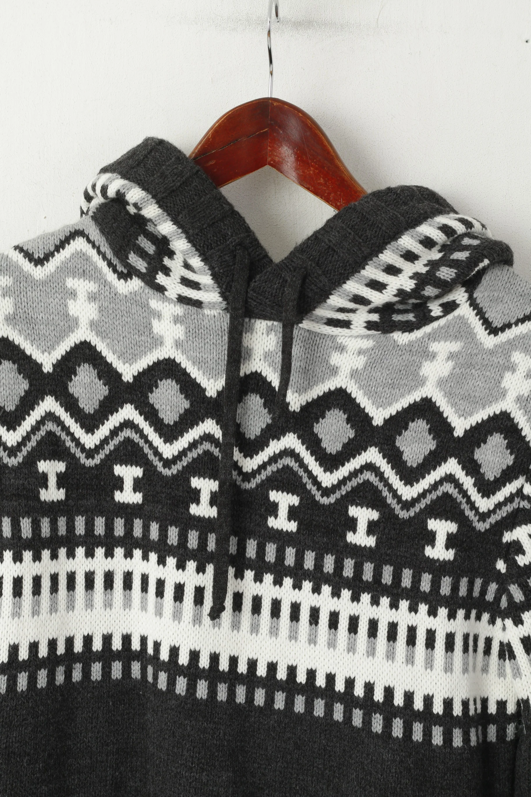 Bigoss Women M Jumper Grey Wool Blend Hooded Nordic Print Sweater - Image 2