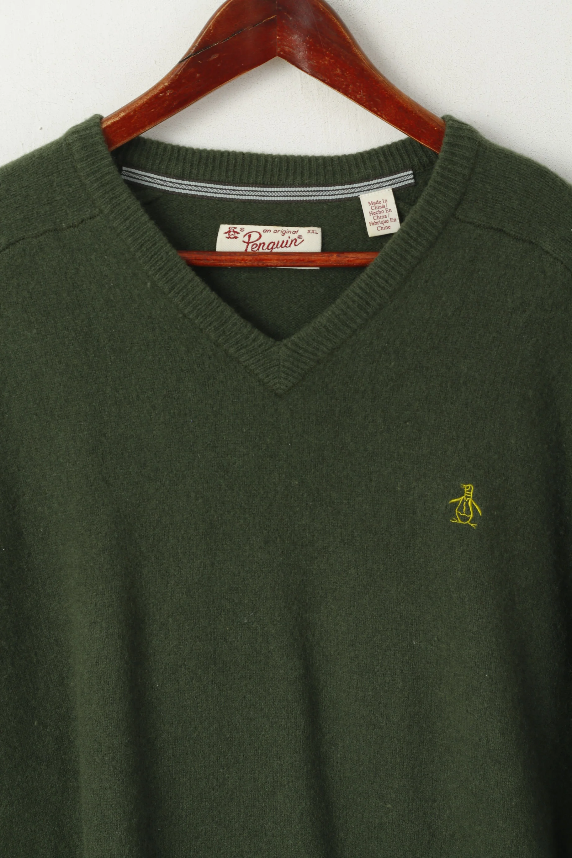Original Penguin Mens 2XL (M) Jumper Green V Neck Sweater 100% Wool Top - Image 2