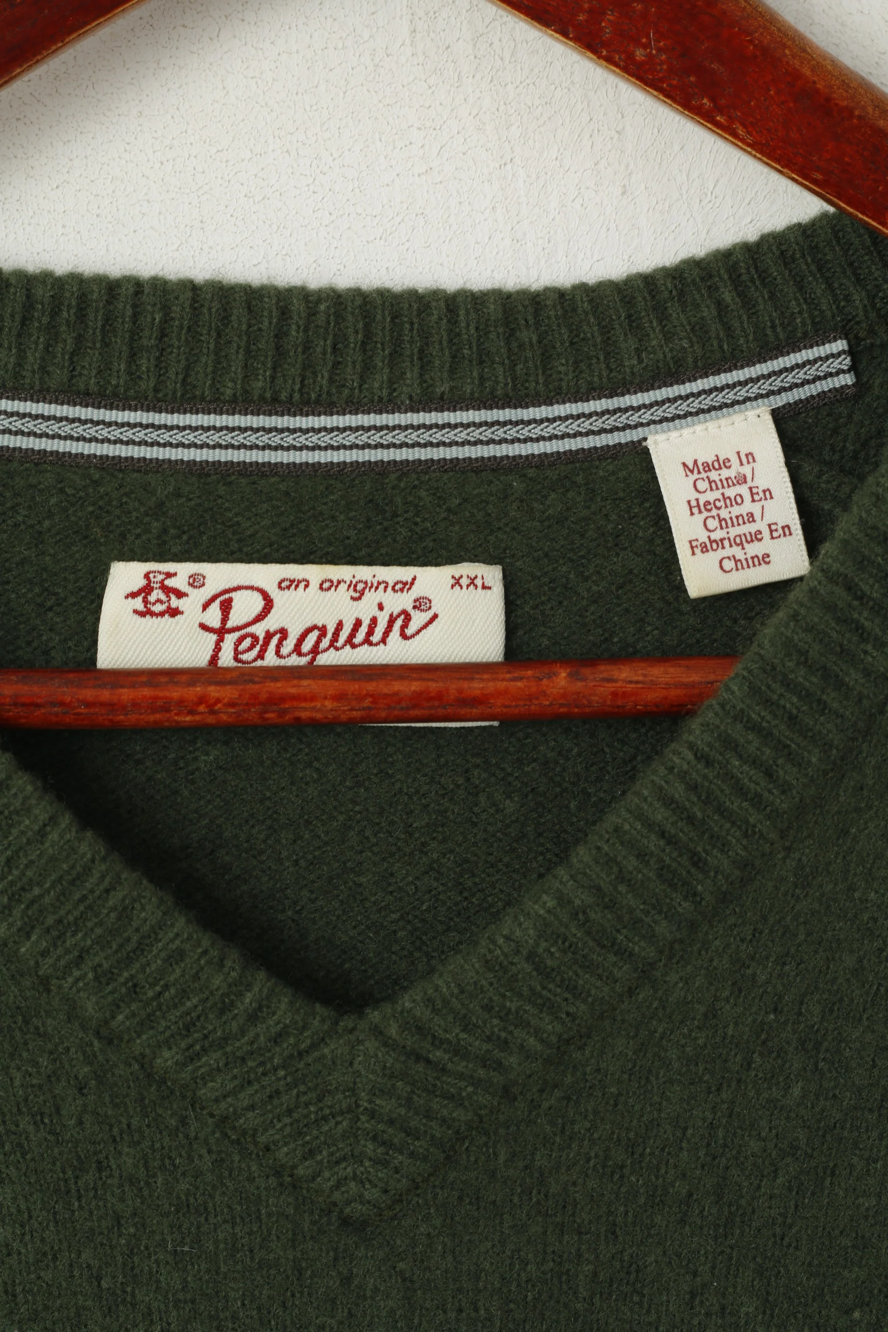 Original Penguin Mens 2XL (M) Jumper Green V Neck Sweater 100% Wool Top - Image 4