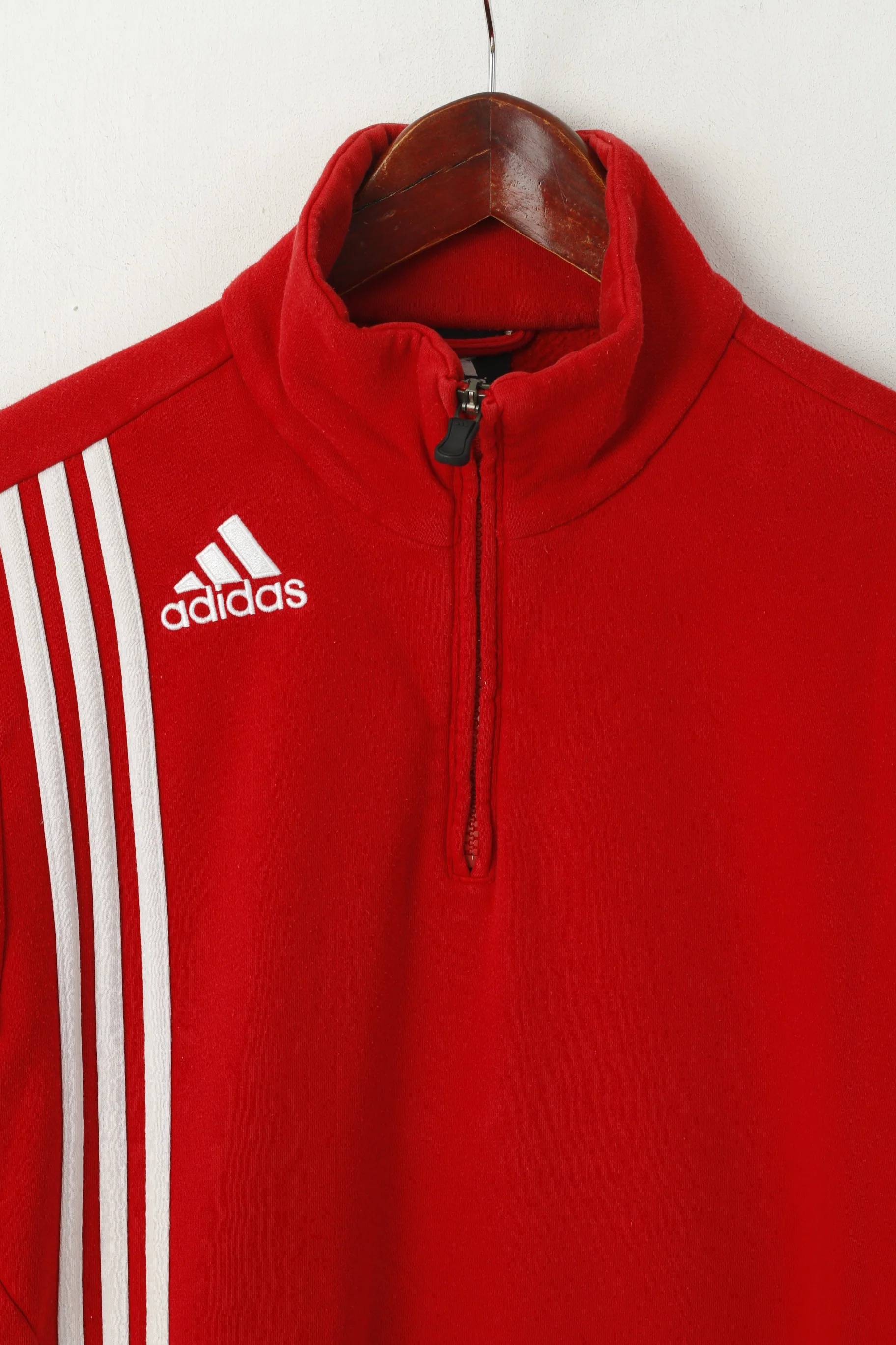 Adidas Men 38/40 M Sweatshirt Red Cotton Sport Zip neck 3 Stripe Sportswear Top - Image 2