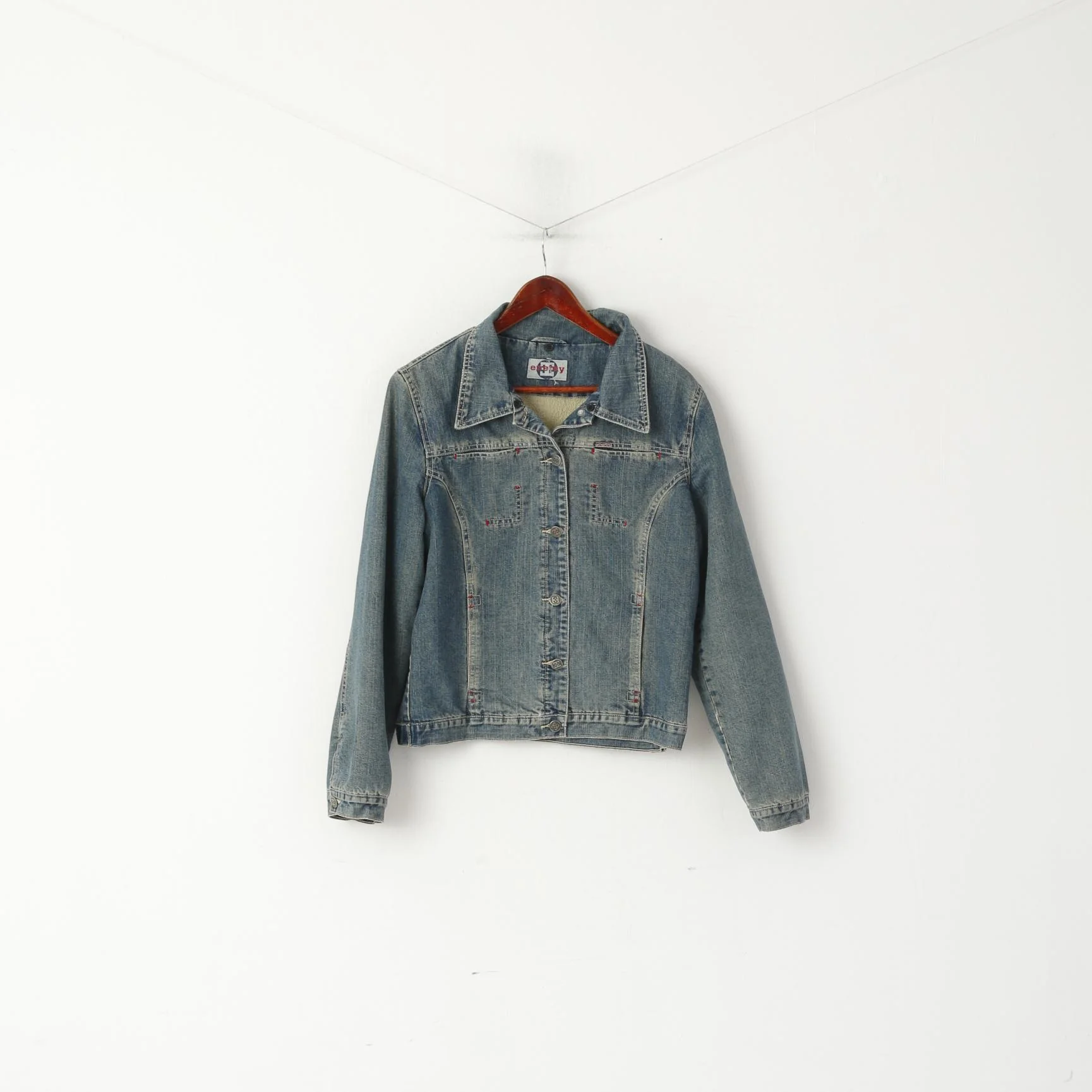 Enemy Women M Jacket Blue Cotton Denim Jeans Fur Lined Retro Single Breasted Top
