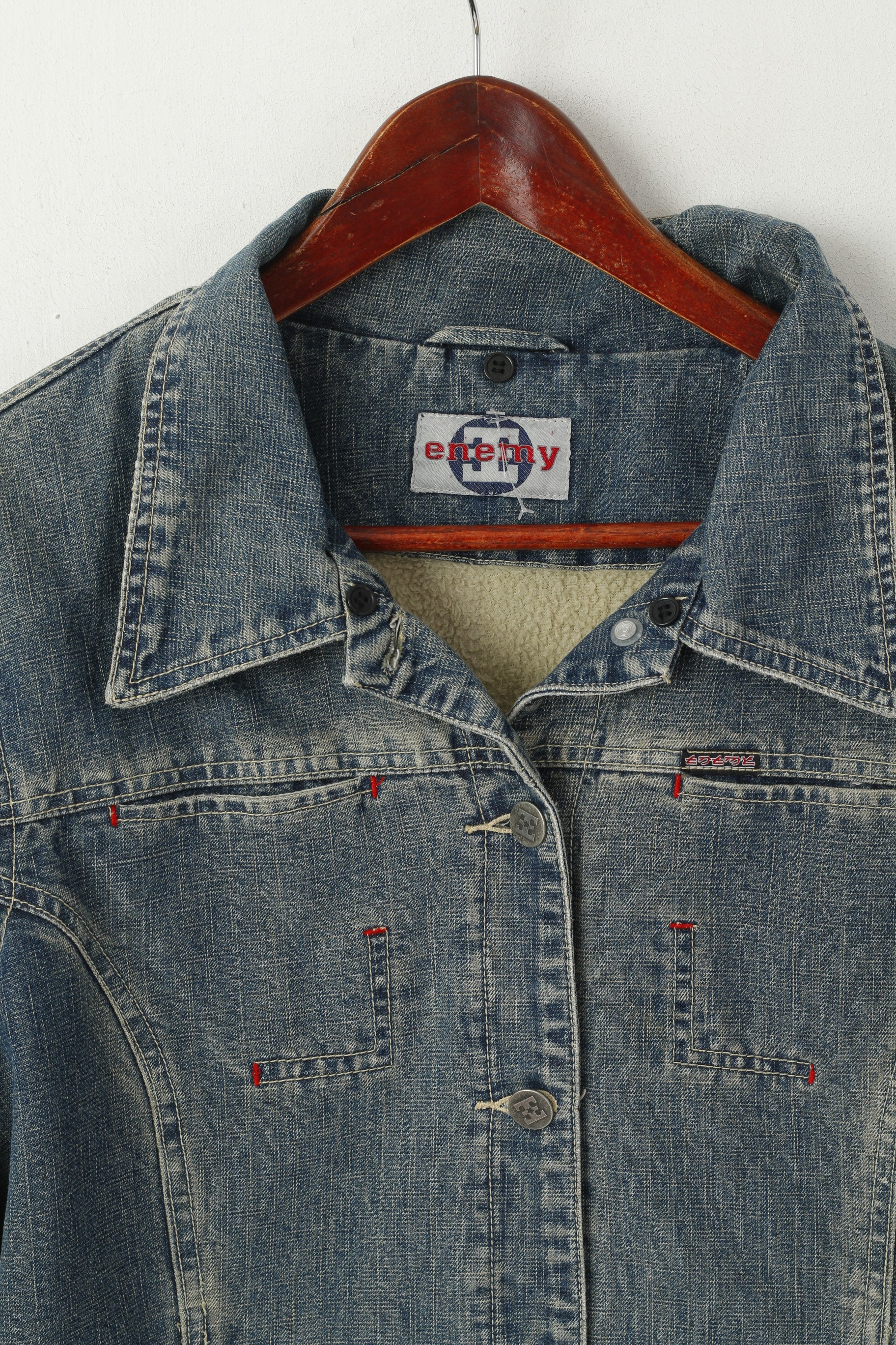 Enemy Women M Jacket Blue Cotton Denim Jeans Fur Lined Retro Single Breasted Top - Image 2
