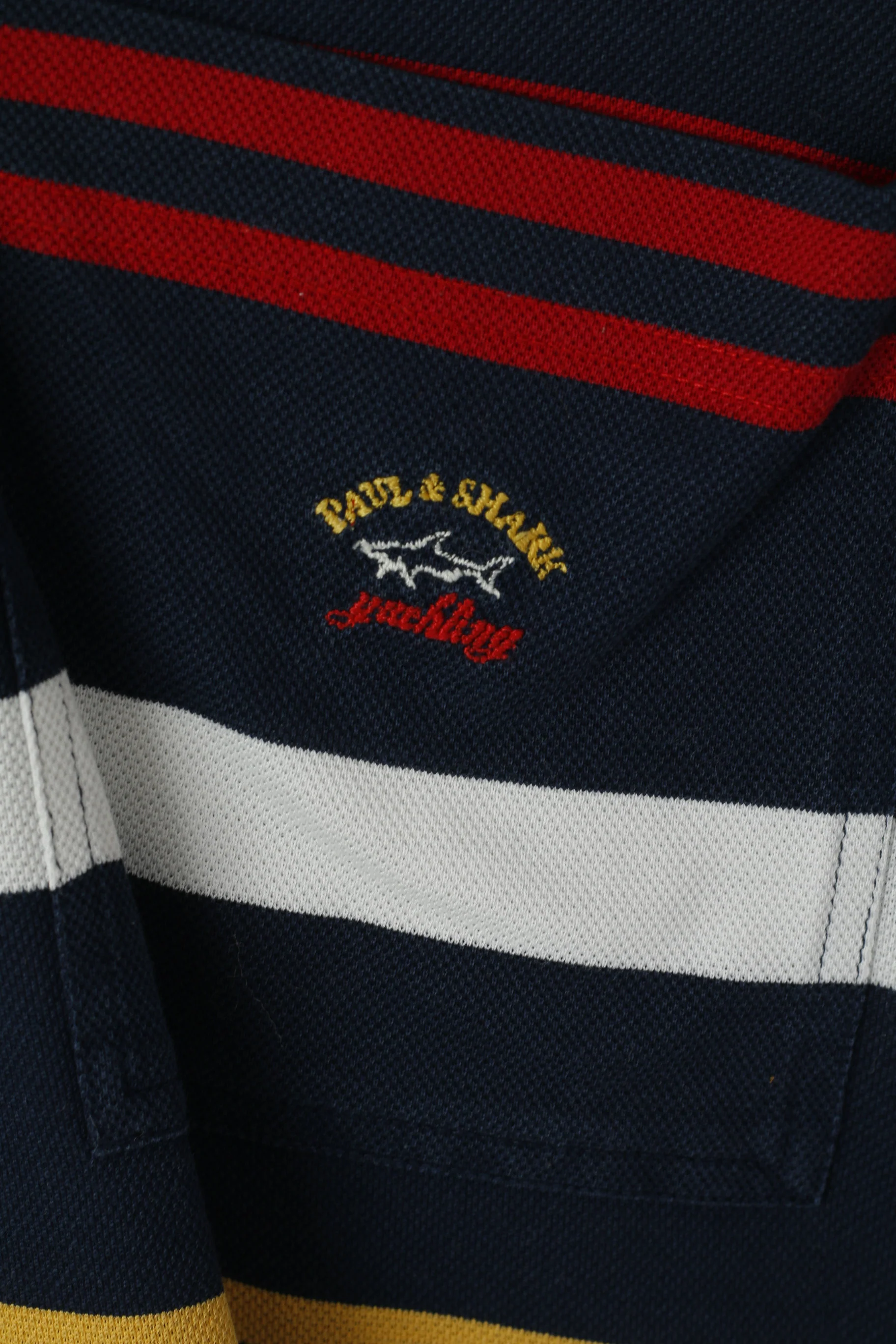 Paul & Shark Yachting Men M Polo Shirt Navy Cotton Striped Pocket Casual Top - Image 3