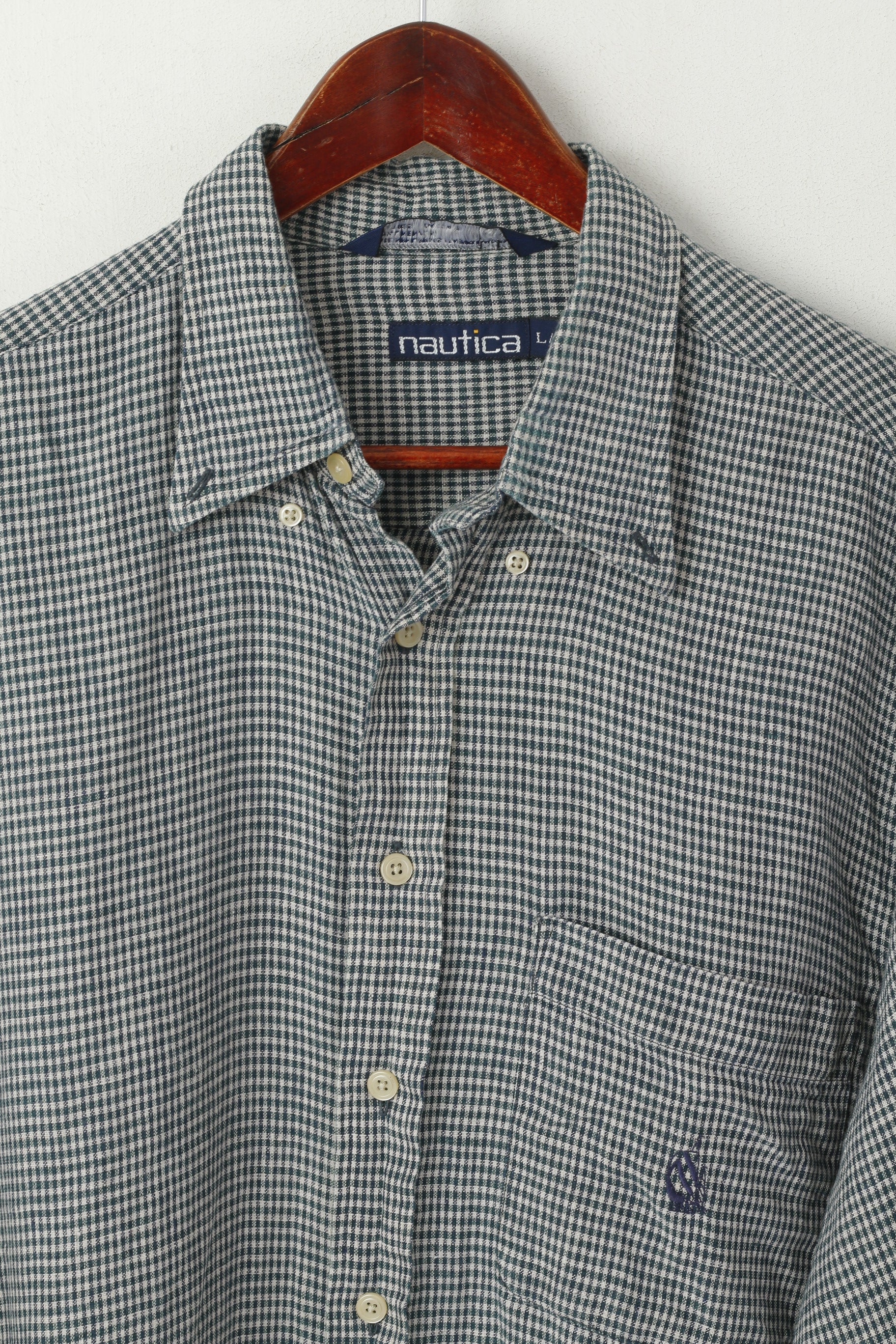 Nautica Men L (XL) Casual Shirt Green Check Vintage Linen Long Sleeve Pocket Top - Image 2