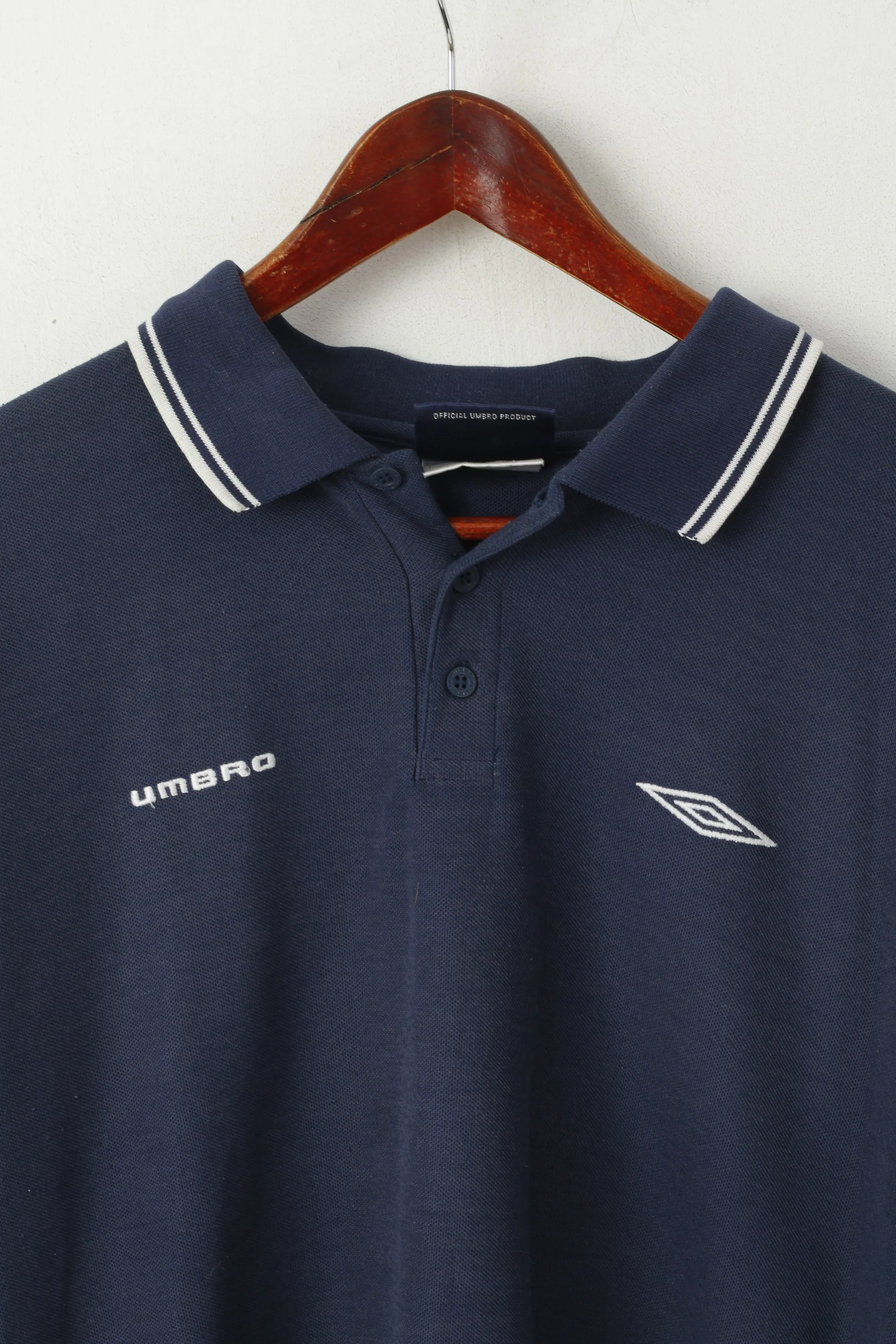 Umbro Men XL Polo Shirt Navy Cotton Blend SHort Sleeve Vintage 90s Top - Image 2