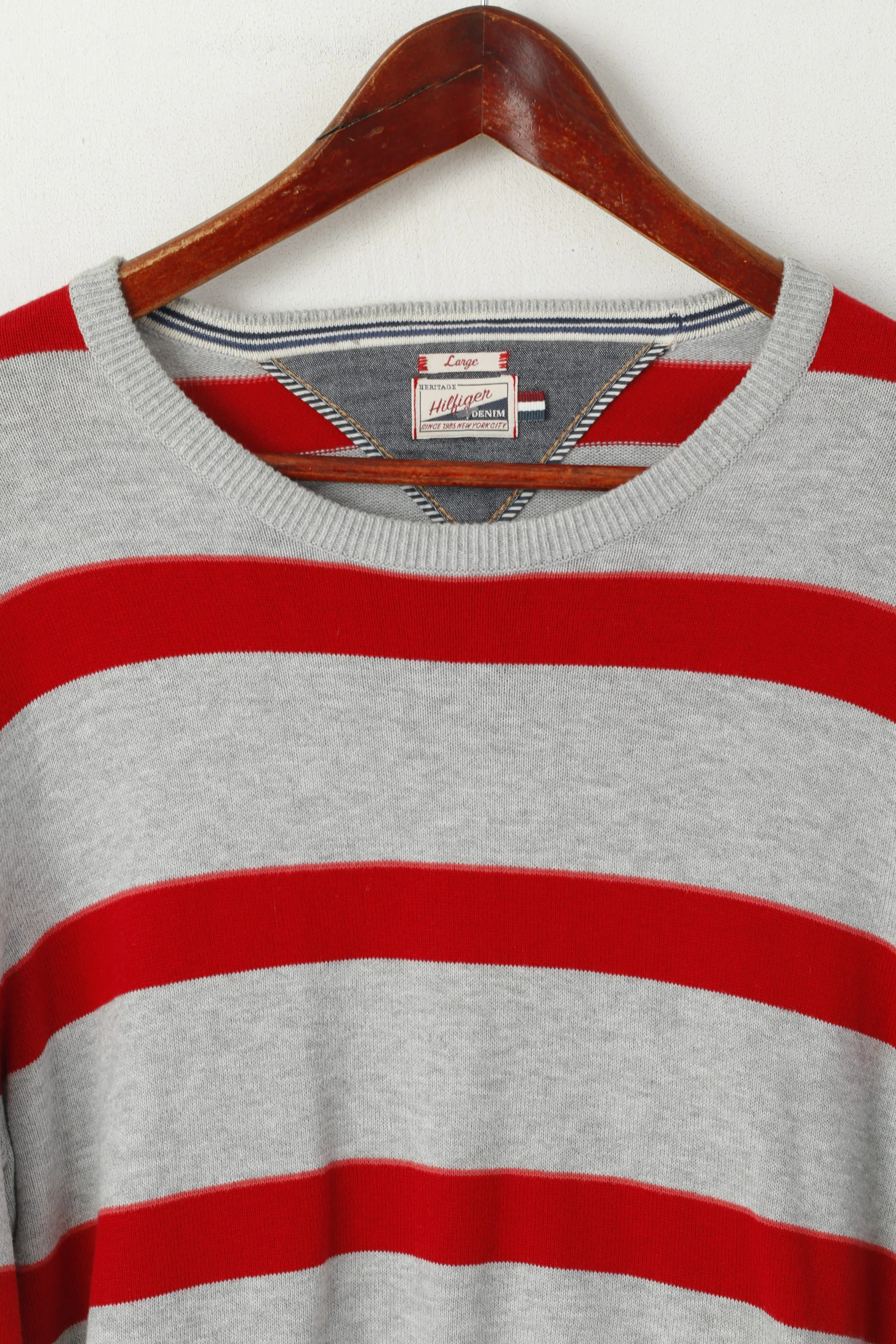 Hilfiger Denim Men L (M) Jumper Grey Red Cotton Striped Crew Neck Sweater - Image 2