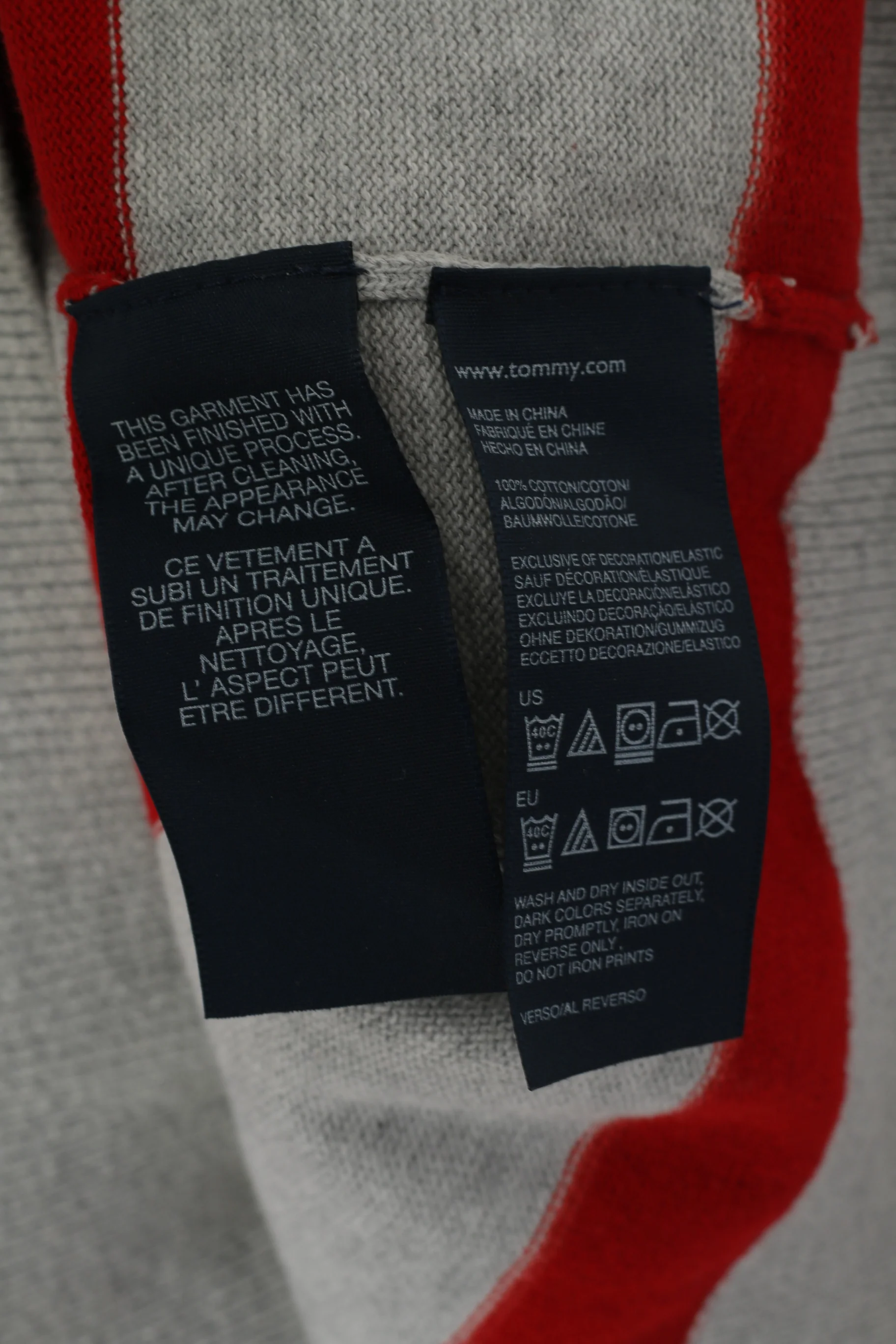Hilfiger Denim Men L (M) Jumper Grey Red Cotton Striped Crew Neck Sweater - Image 5