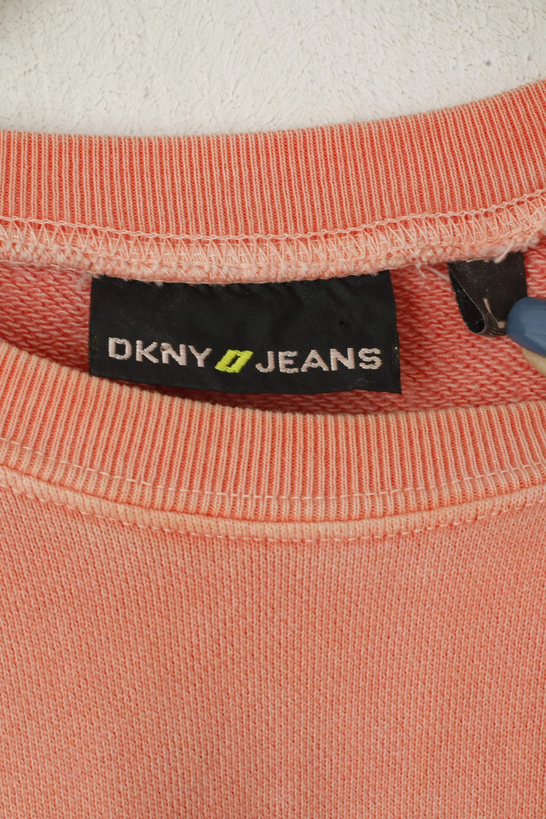 DKNY Jeans Women L (S) Shirt Peach Cotton Sweat Crew Neck Logo Top - Image 3