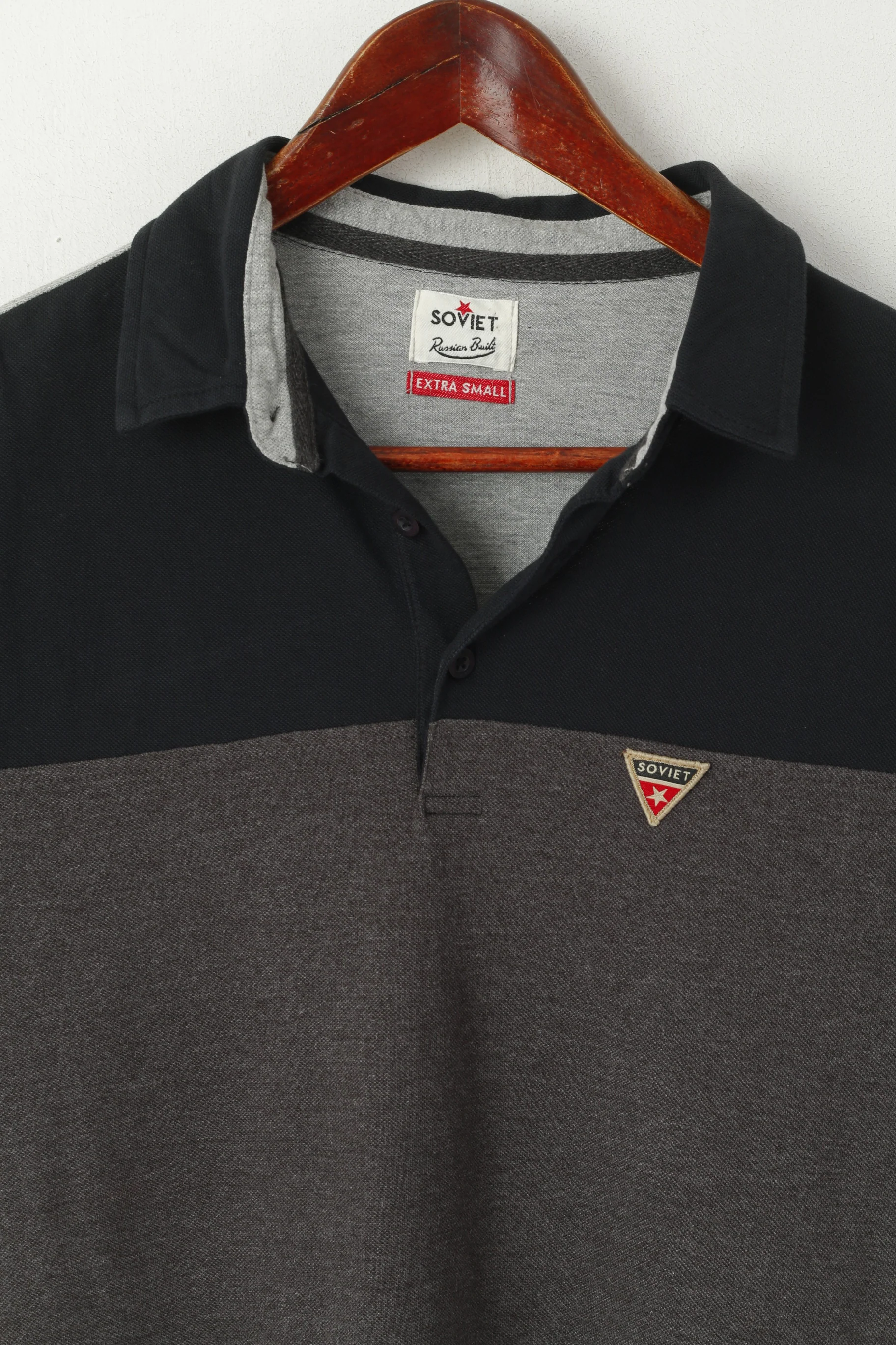Soviet Men XS Polo Shirt Grey Striped Cotton Russian Built Classic Logo Top - Image 2