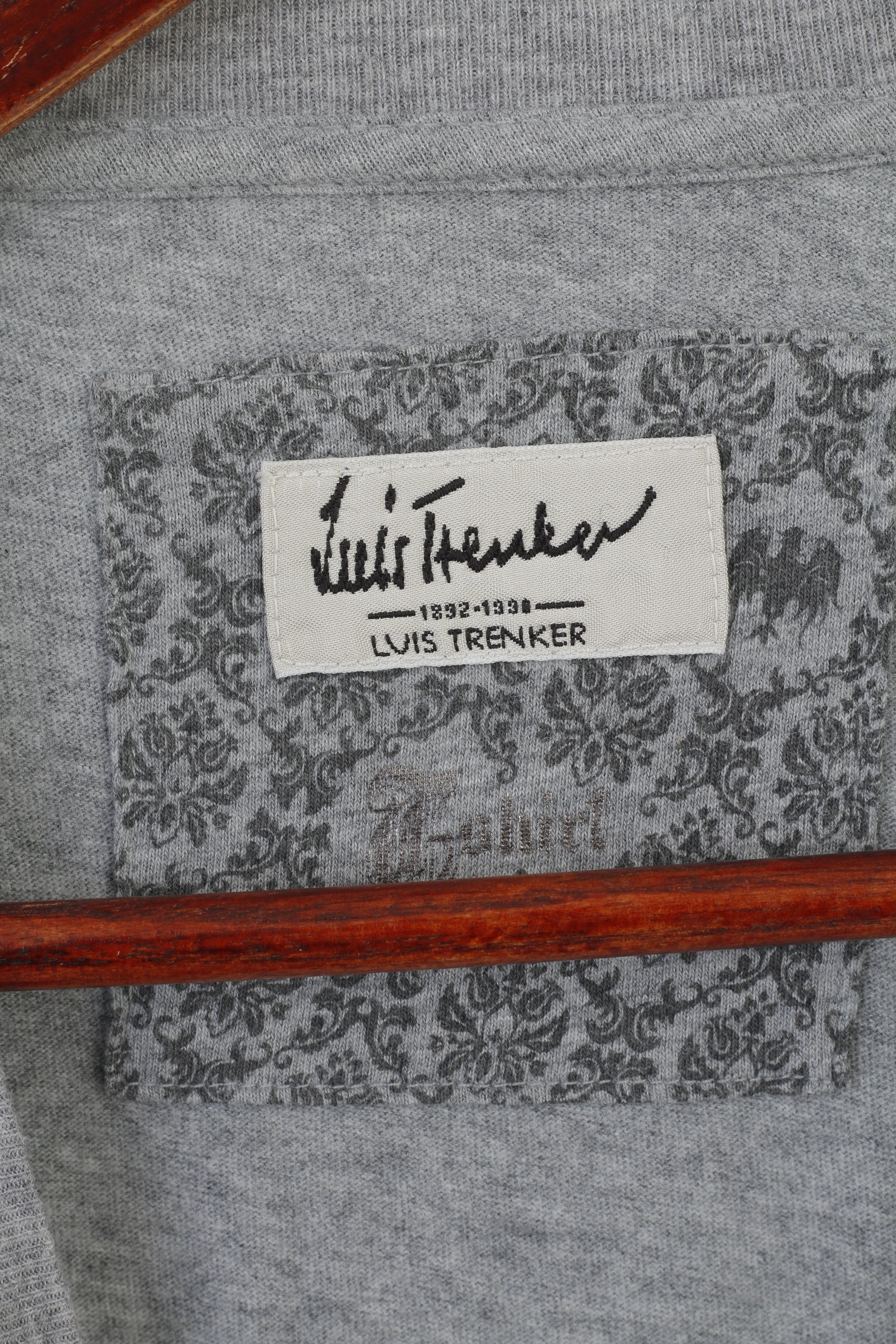 Luis Trenker Men M Long Sleeved Shirt Grey Cotton Graphic Stretch Top - Image 3
