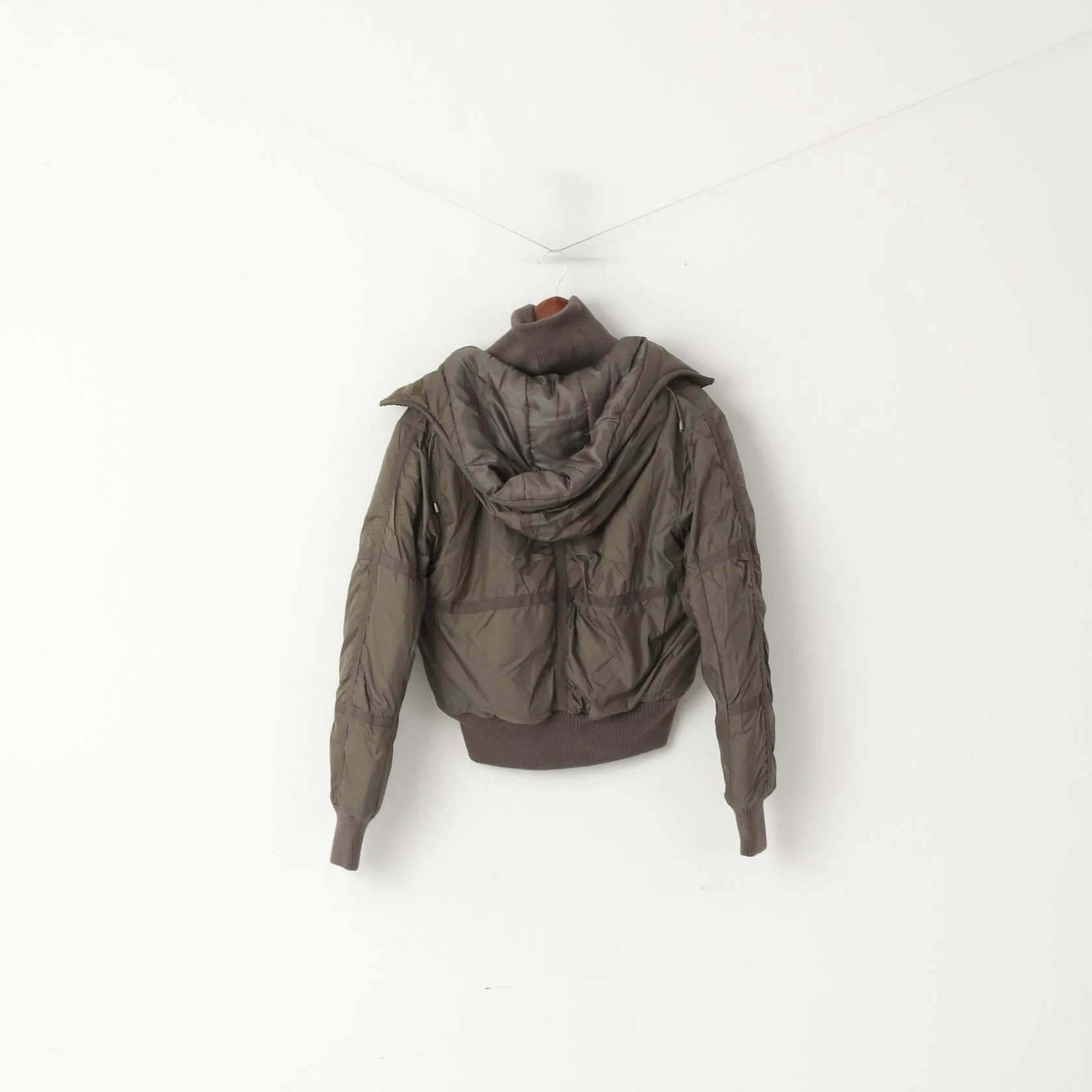 Teen & Ty Women L (M) Bomber Jacket Shiny Khaki Paded Cropped Nylon Waterproof Hood Top - Image 5
