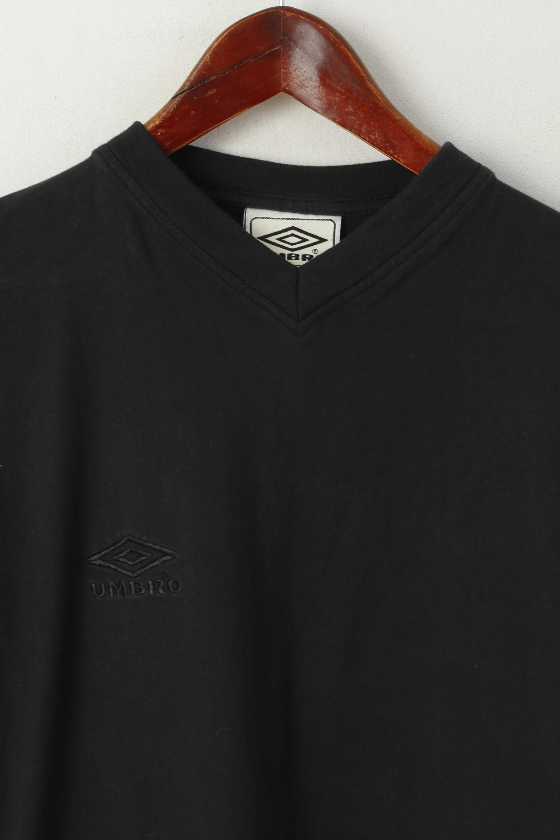 Umbro Men S Shirt Black Cotton V Neck Emroidered Logo Classic Vintage Top - Image 2