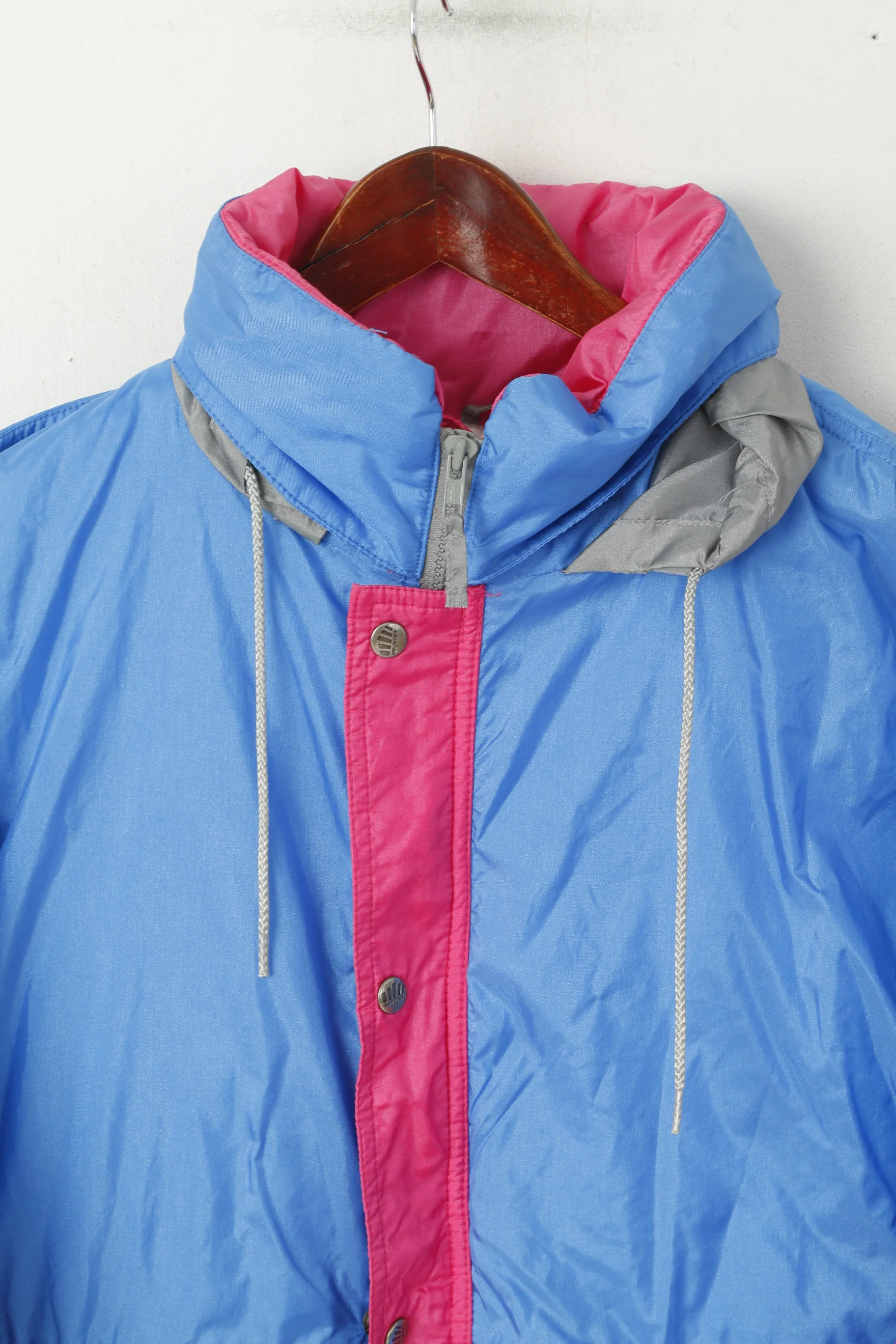 American Men XL Pullover Jacket Blue Vintage Ski Nylon Waterproof Hidden Hood Top - Image 2
