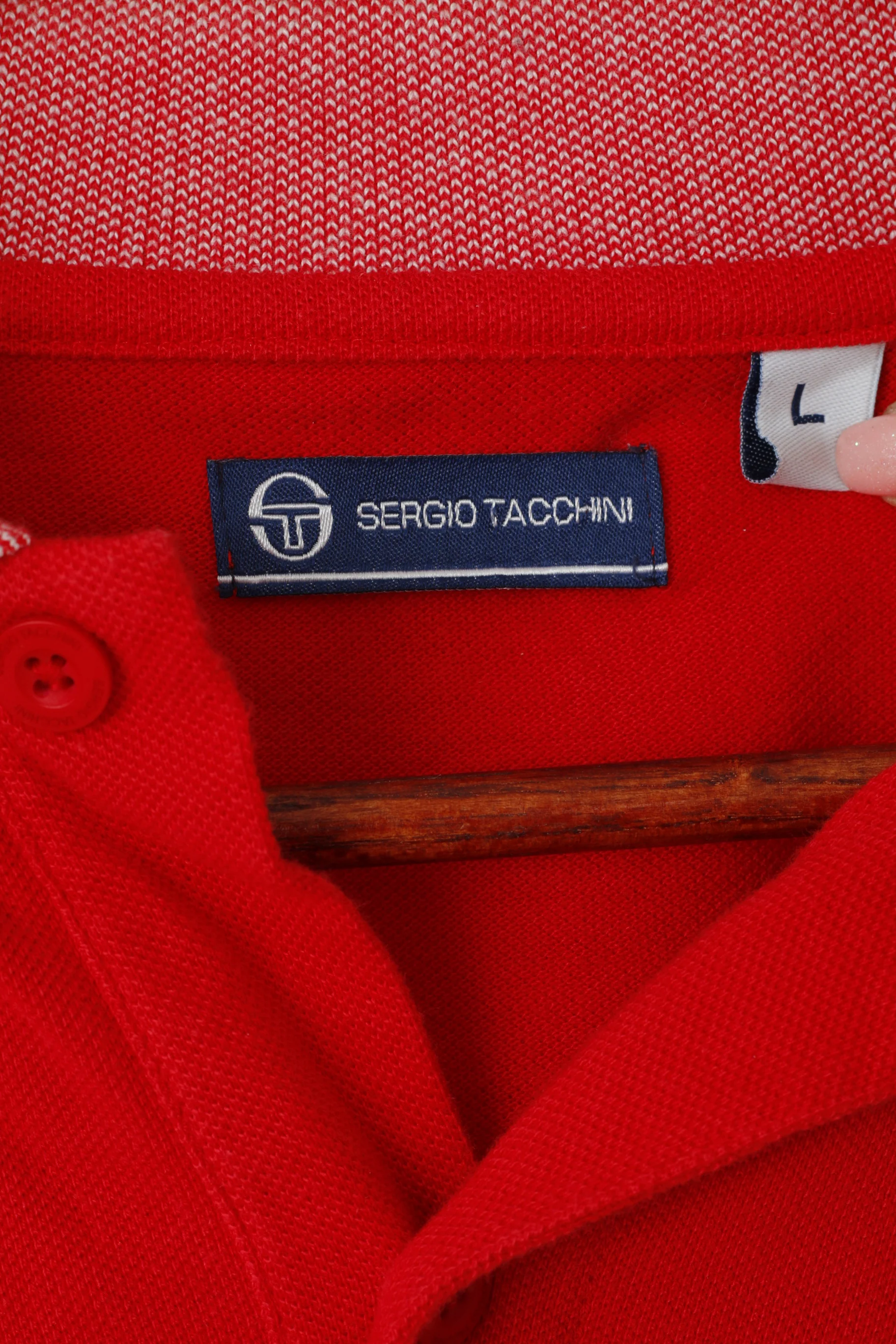 Sergio Tacchini Men L (M) Polo Shirt Red Cotton Striped Detailed Buttons Top - Image 4