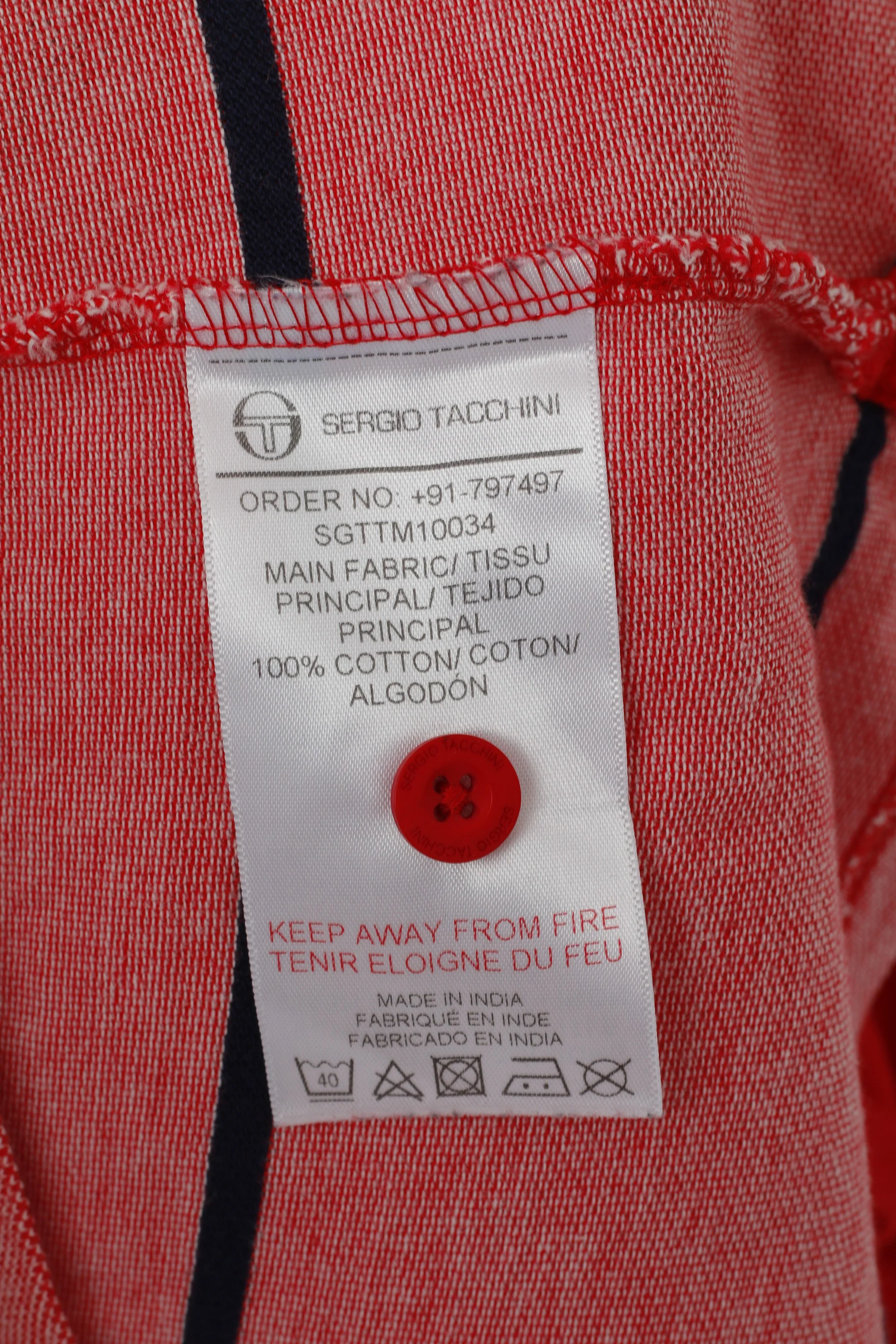 Sergio Tacchini Men L (M) Polo Shirt Red Cotton Striped Detailed Buttons Top - Image 5