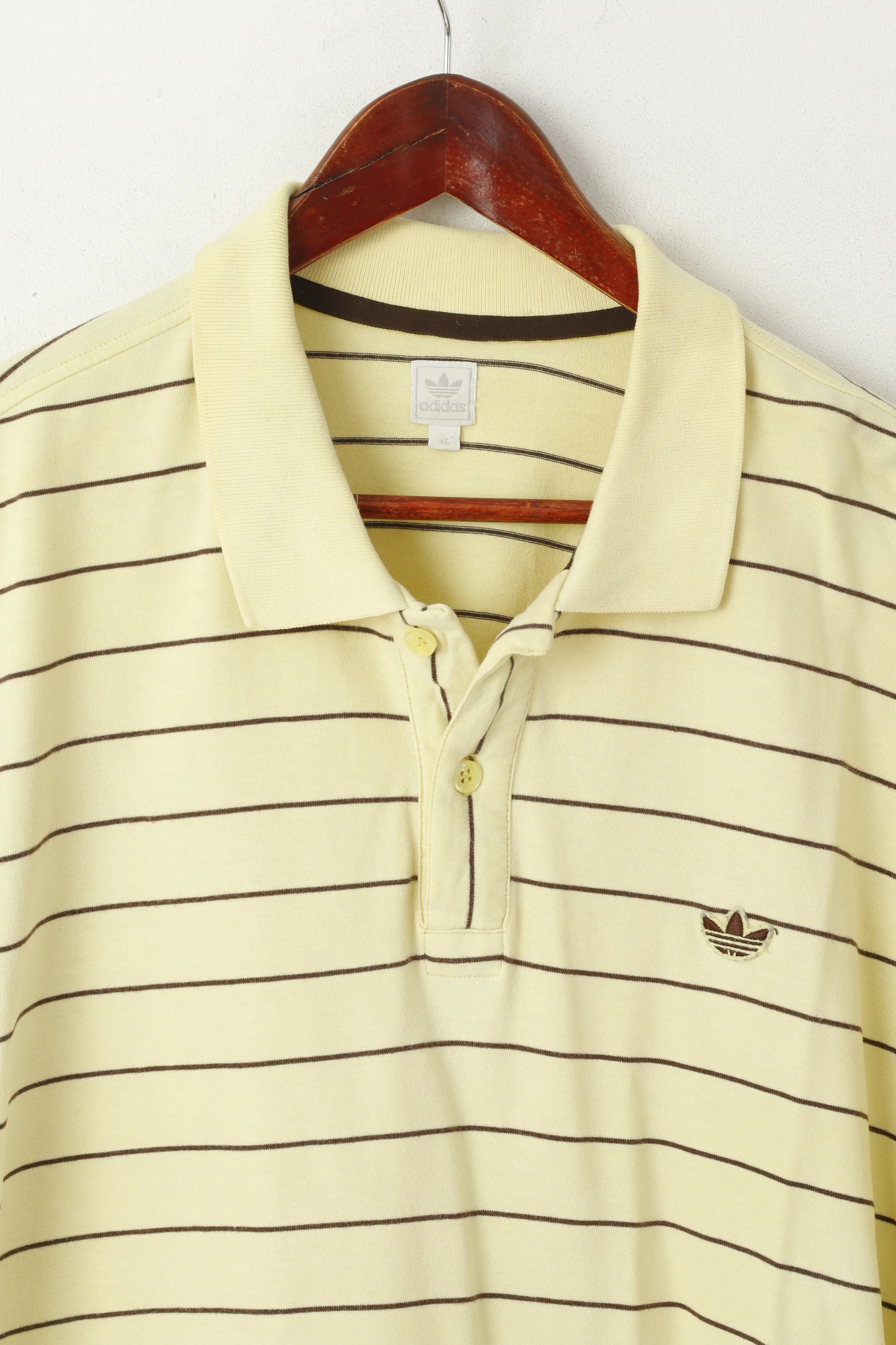 Adidas Men XL Polo Shirt Yellow Retro Cotton Striped Detailed Buttons Stretch Top - Image 2