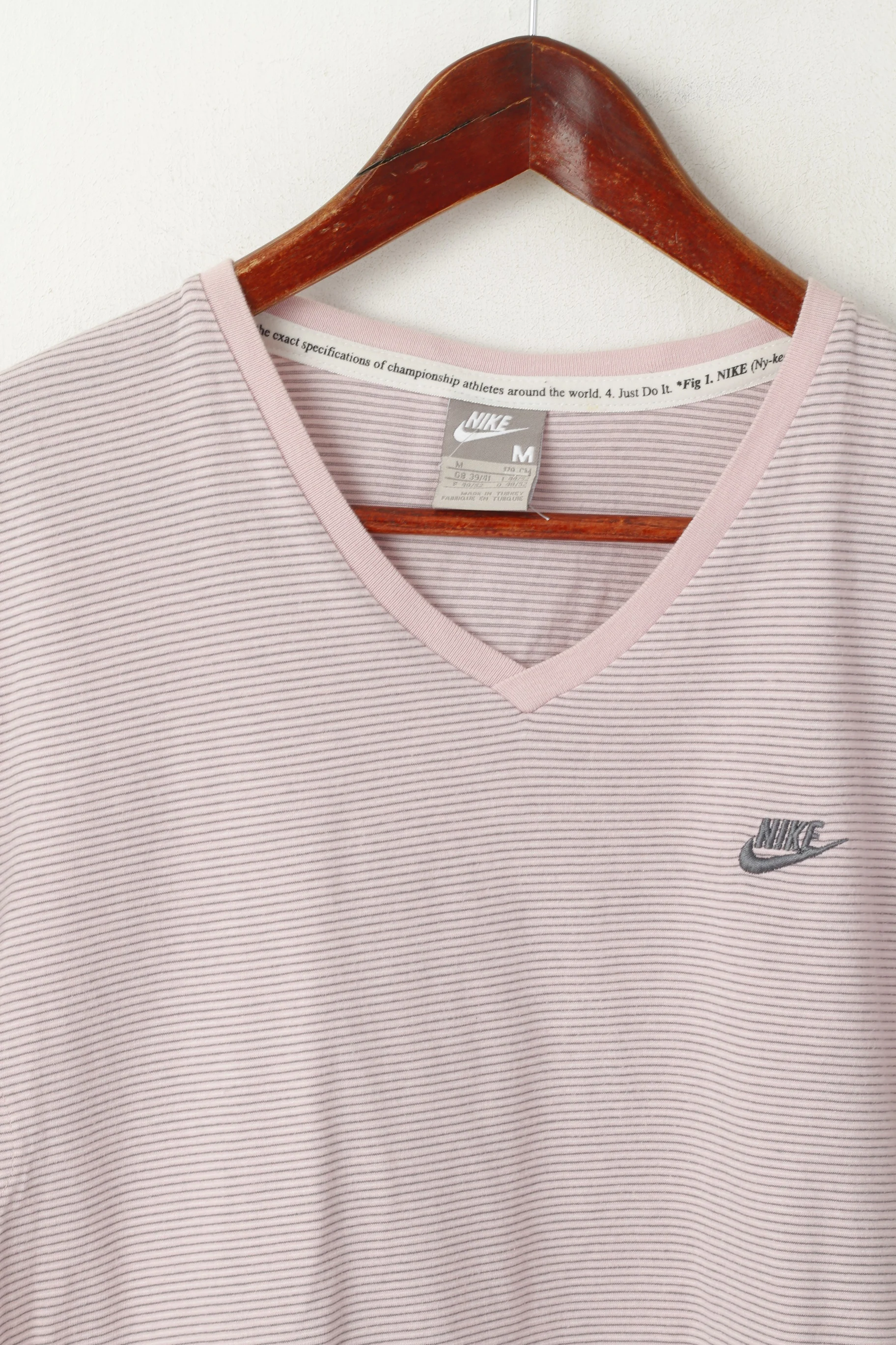 Nike Men M 48/52 Shirt Pink Grey Striped Cotton V Neck Sport Classic Fit Top - Image 2