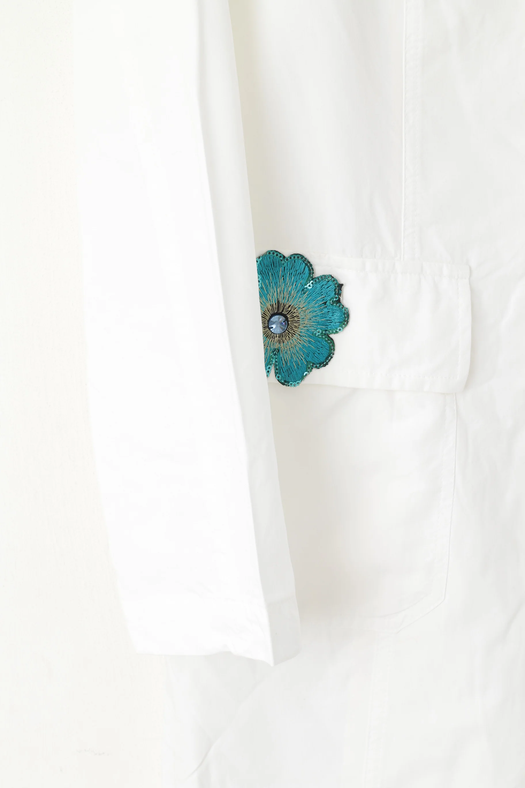 Benetton Women 46 M Coat White Cotton Embroidered Flowers Elegant Cotton - Image 3