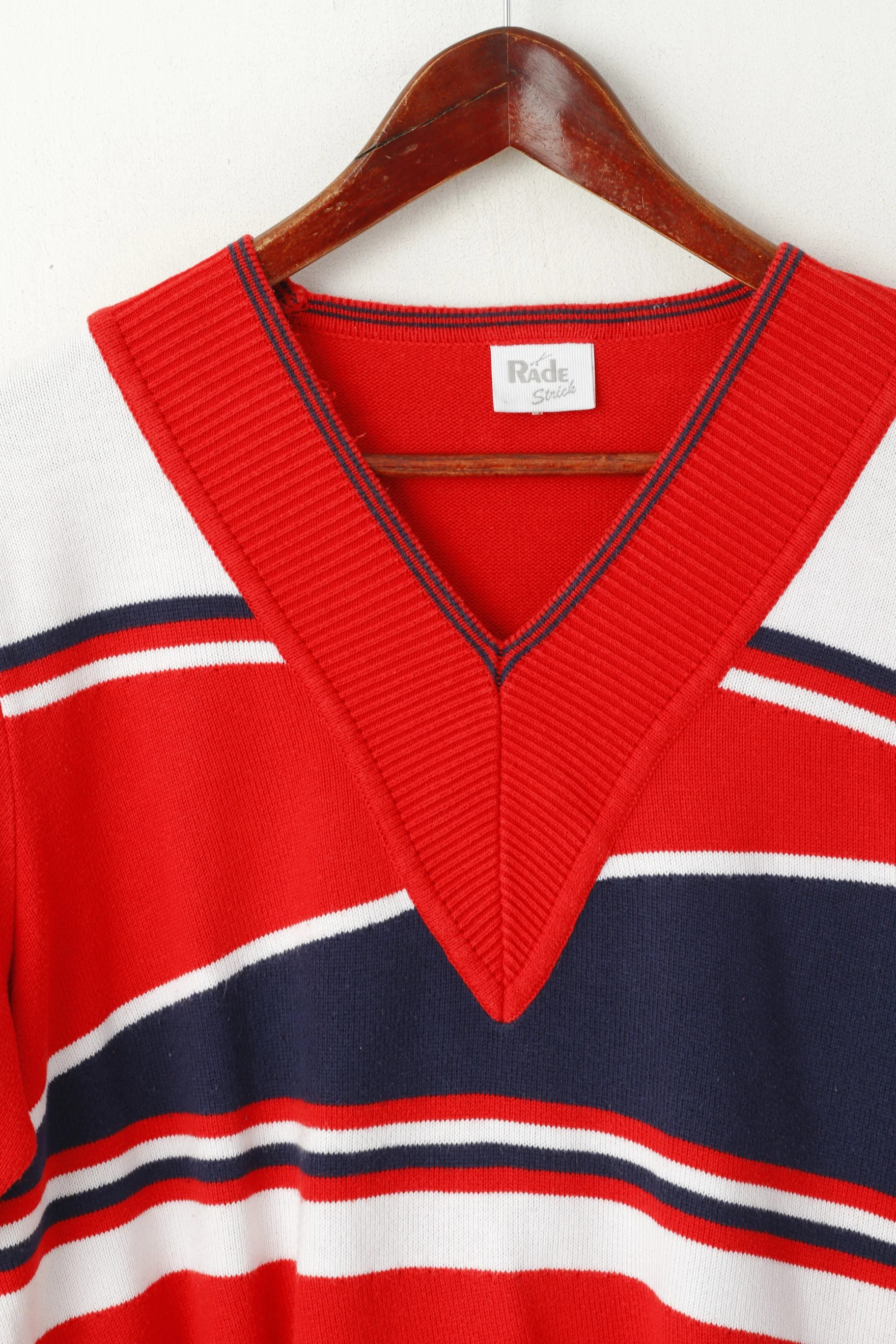 Rade Strick Women 46 L Jumper Red Vintage Striped V Neck Cotton 3/4 Sleeve Top - Image 2