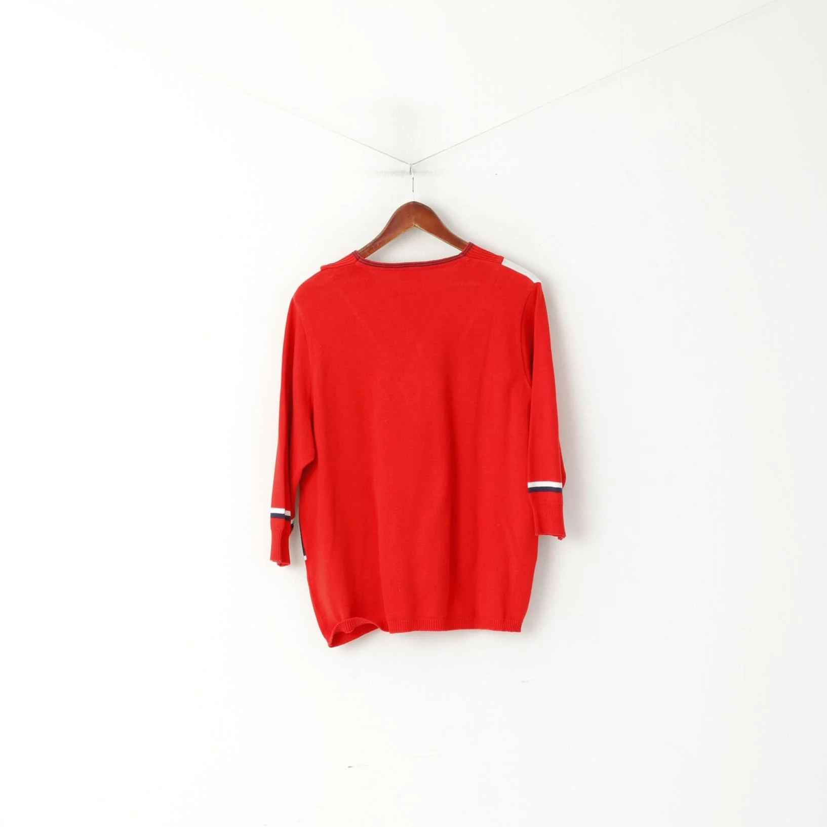Rade Strick Women 46 L Jumper Red Vintage Striped V Neck Cotton 3/4 Sleeve Top - Image 6
