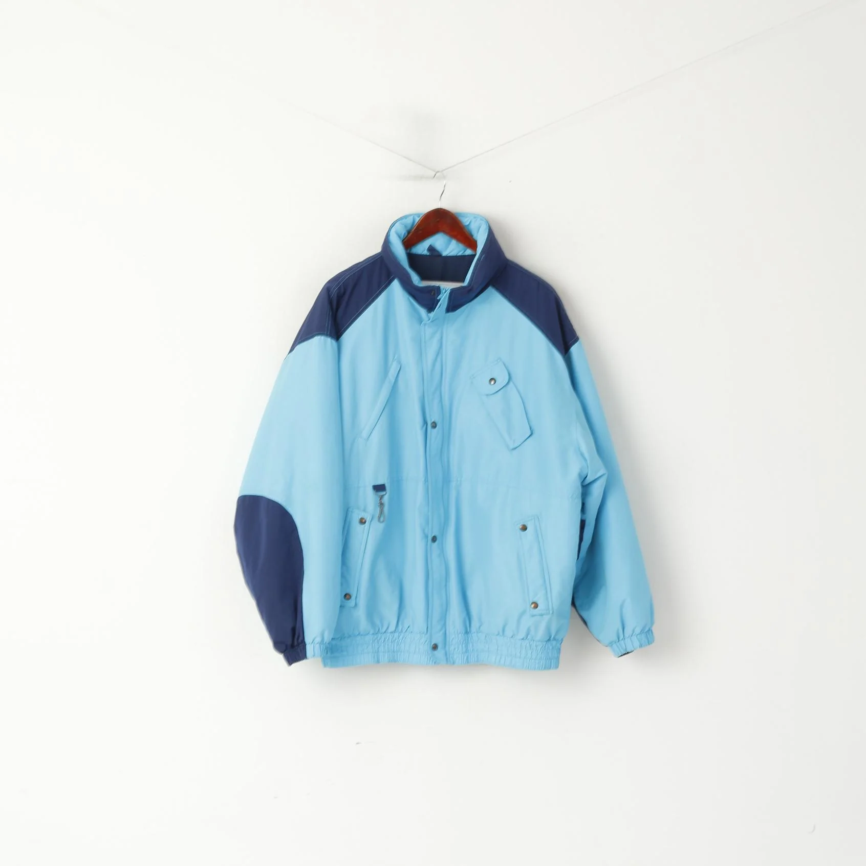 Huski Men 54 L Bomber Jacket Blue Padded Hidden Hood Full Zipper Italy Vintage Top