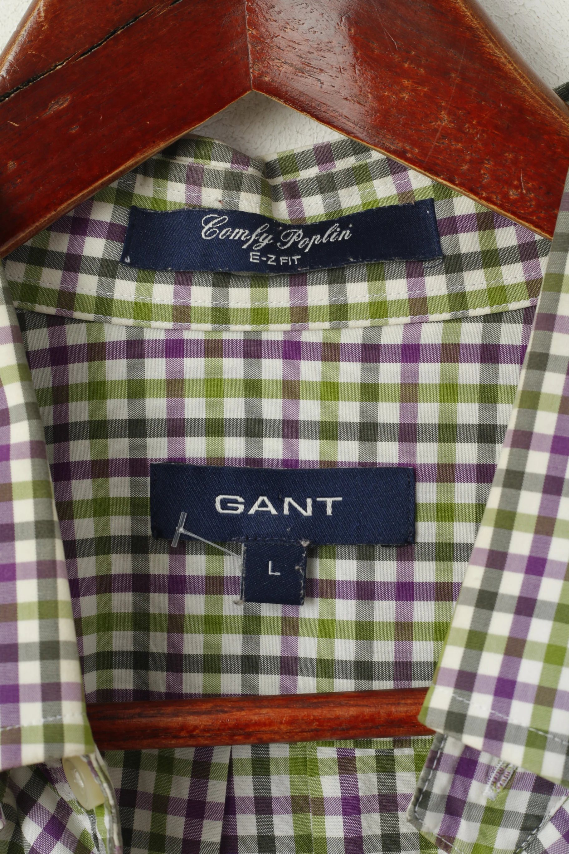 GANT Men L Casual Shirt Green Purple Check Cotton Comfy Poplin Long Sleeve Top - Image 4