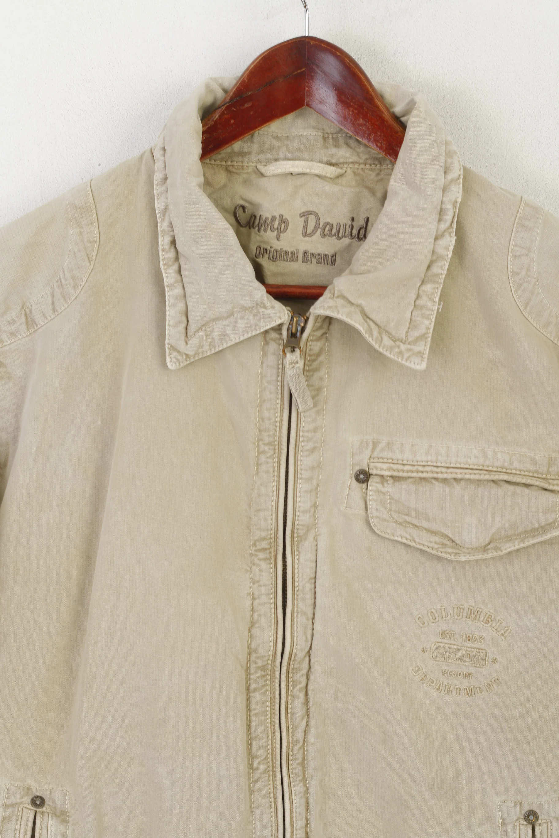 Camp David Men M Jacket Beige Cotton Denim Vintage Full Zipper Classic Top - Image 2