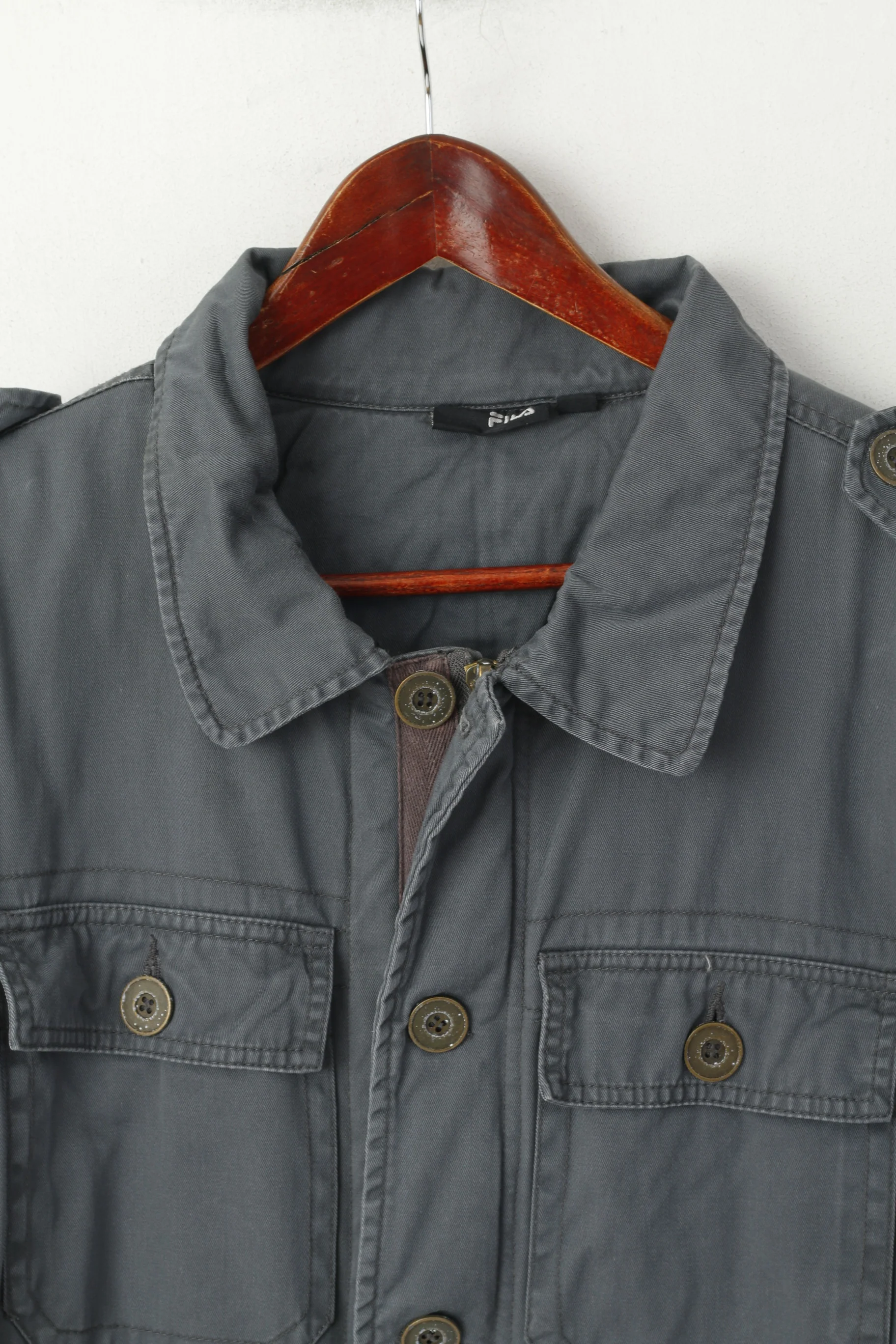 FILA Men XL (M) Jacket Grey Cotton Padded Full Zipper Military Pockets Classic Top - Image 2