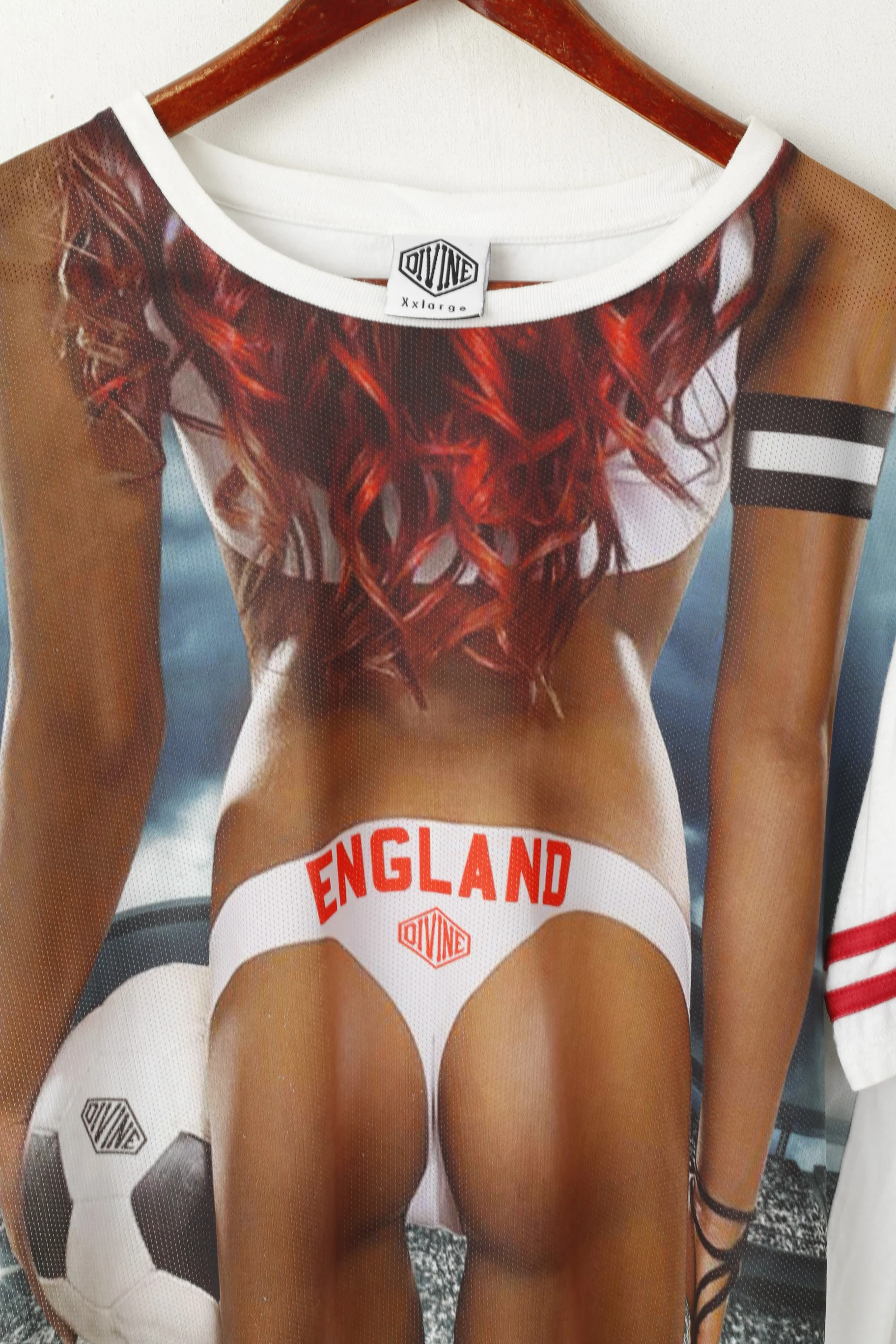 Divine Men 2XL (XL) Shirt White Cotton Graphic England Football Mesh Front Top - Image 2