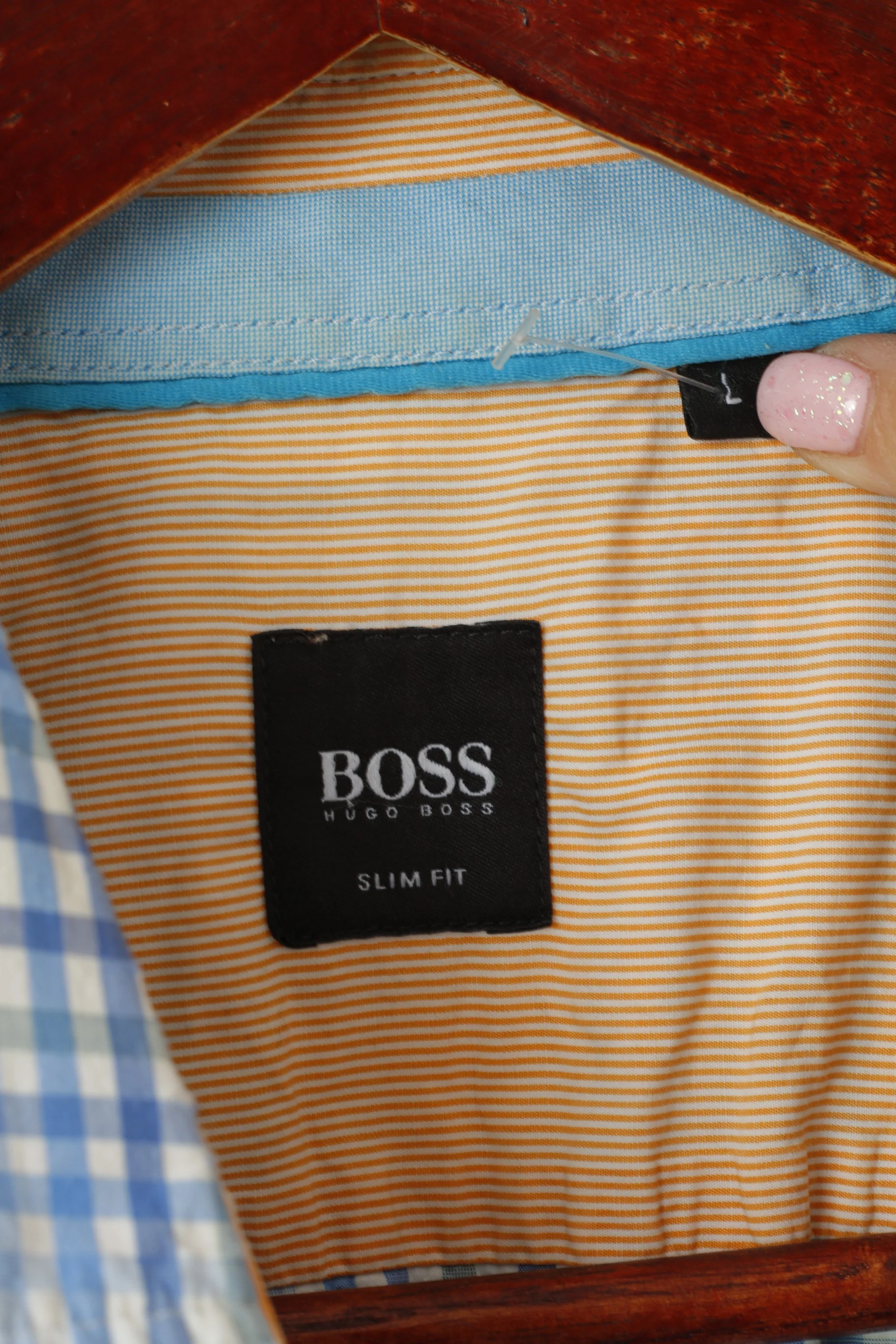 Hugo Boss Men L (M) Casual Shirt Blue Check Cotton Slim Fit Short Sleeve Top - Image 4