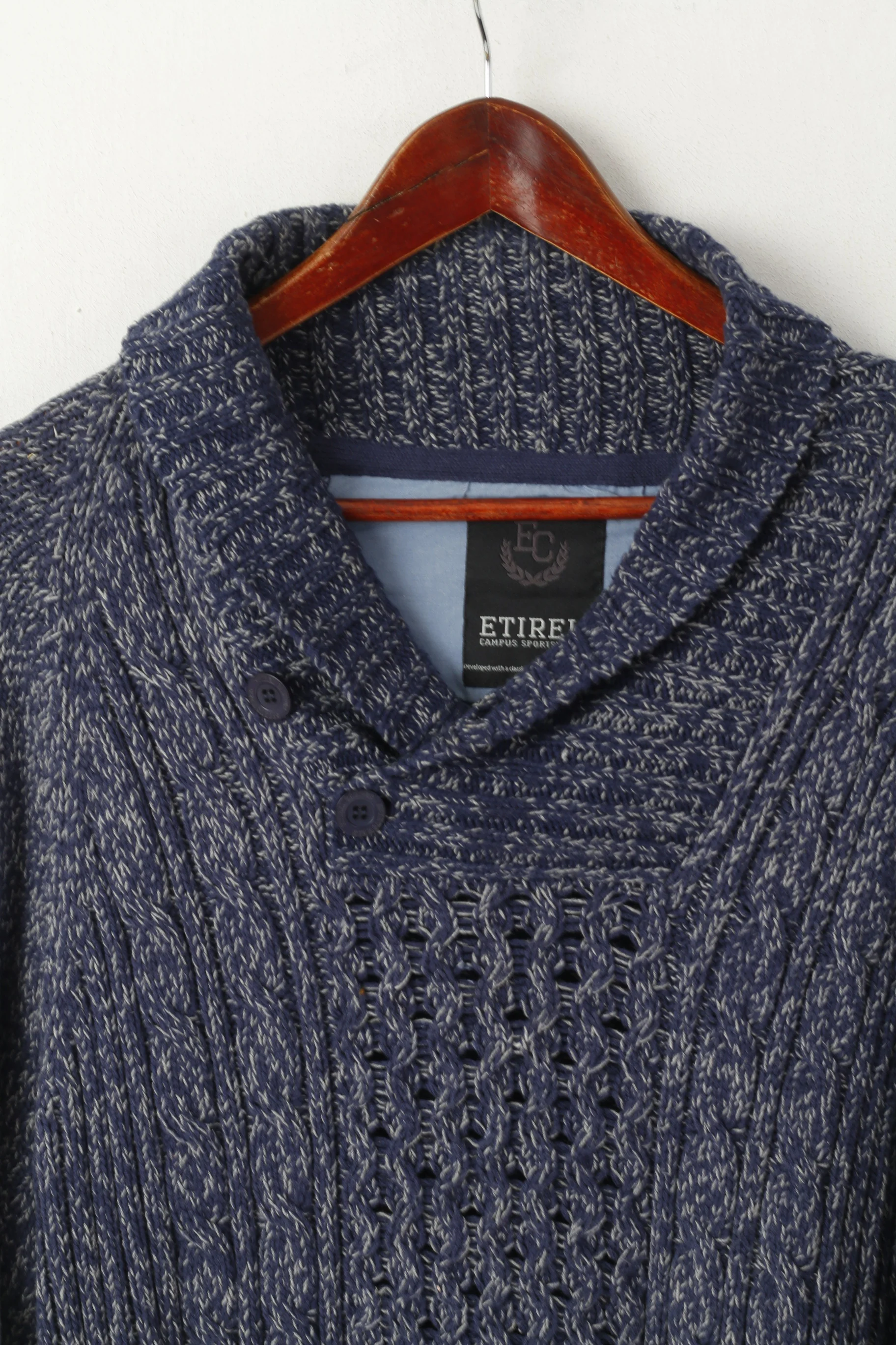 ETIREL Campus Sportswear Men L Jumper Navy Knit Cotton Shawl Collar Sweater - Image 2