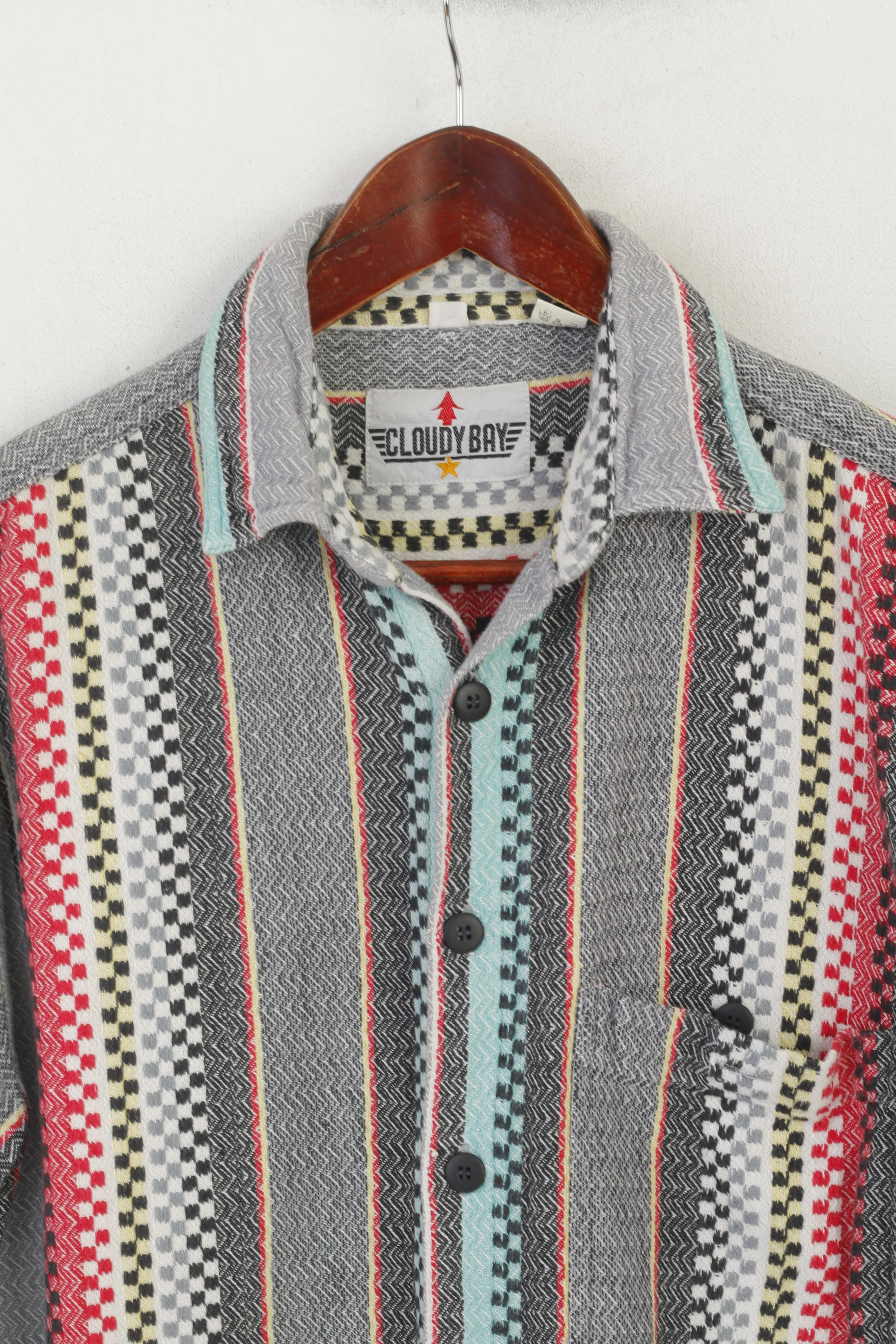 Cloudy Bay Men 39 M Casual Shirt Gray Vintage Aztec Pocket Long Sleeve Top - Image 2