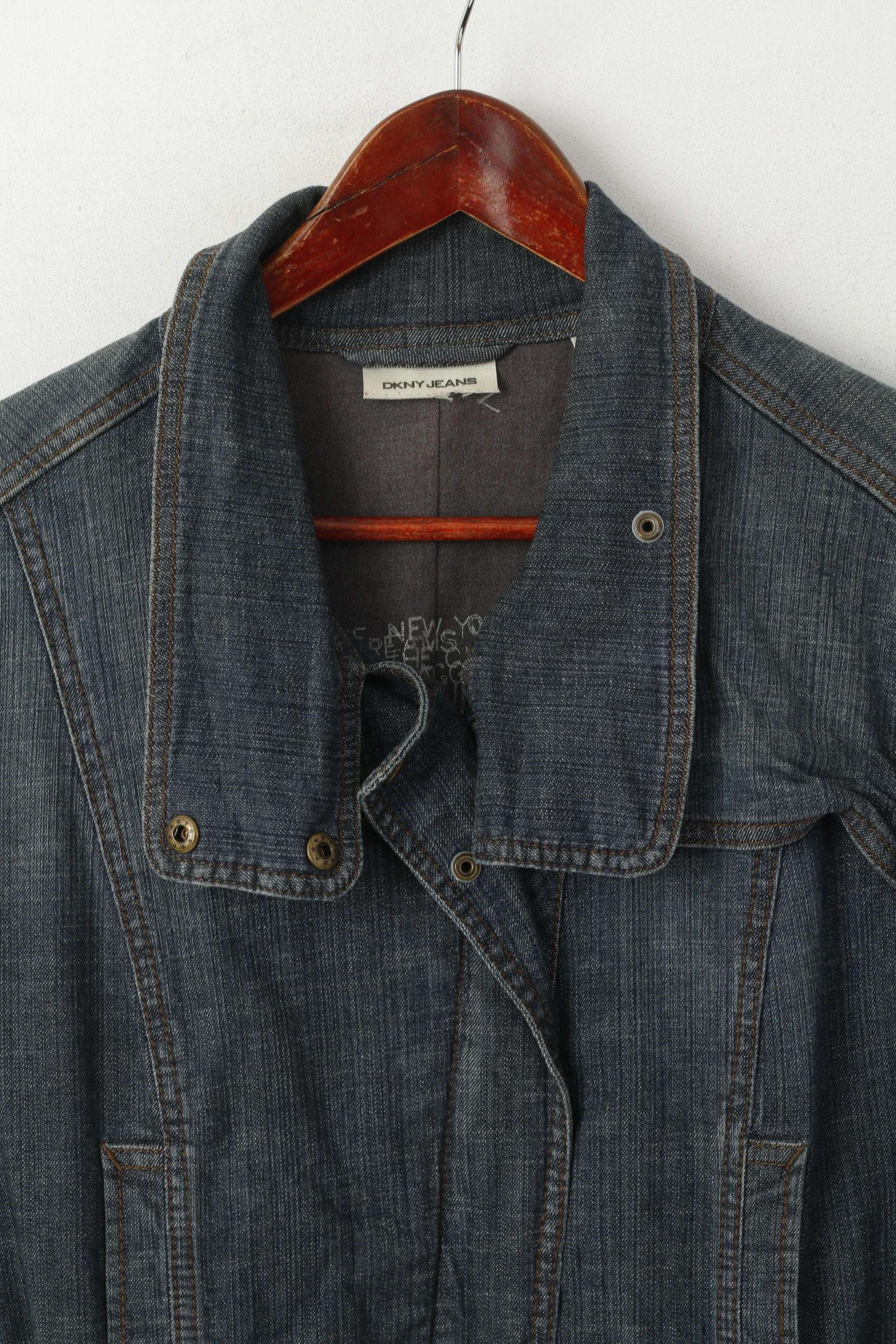 DKNY Jeans Women L Coat Navy Denim Cotton Full Zipper Belted Pockets Long Top - Image 2