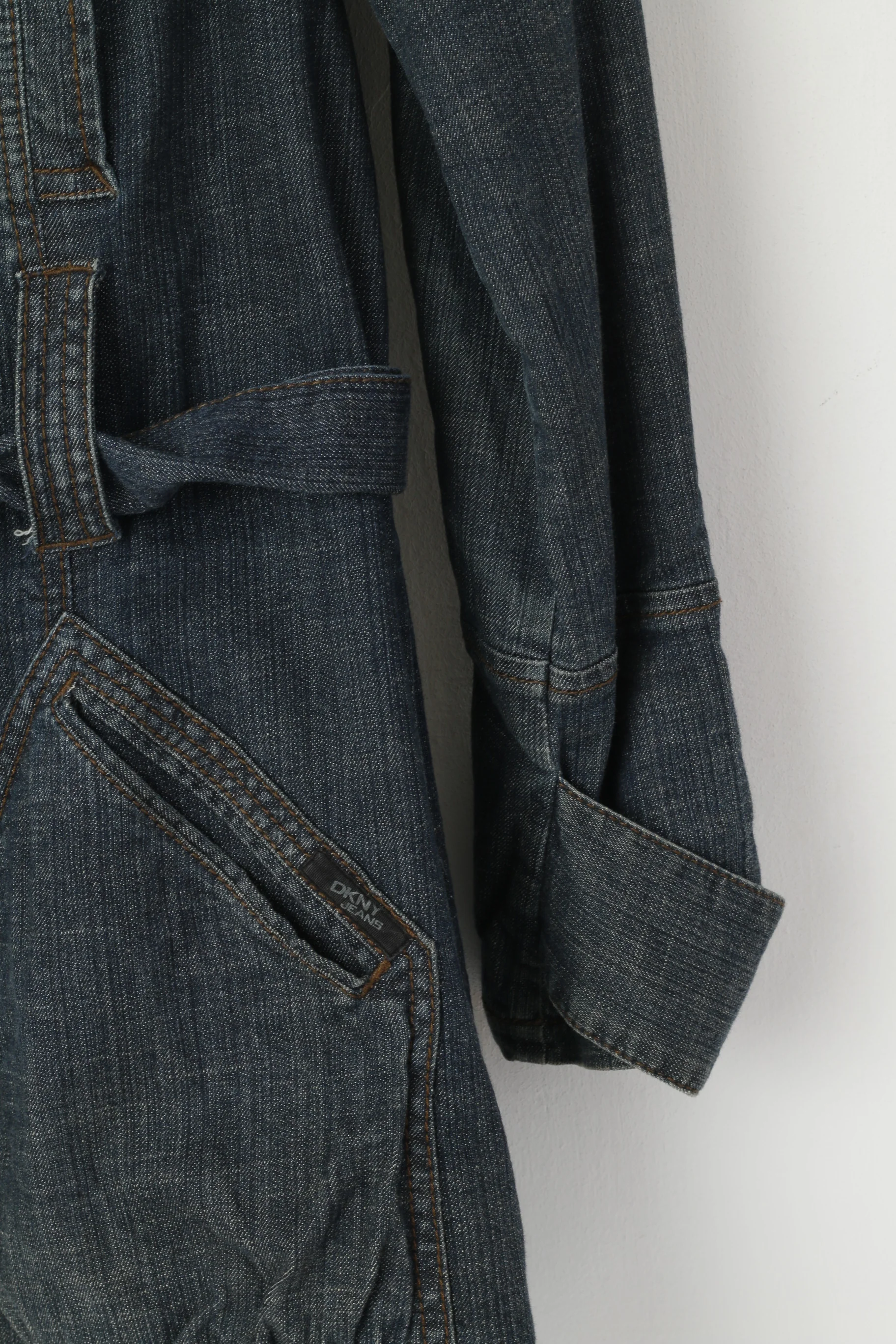 DKNY Jeans Women L Coat Navy Denim Cotton Full Zipper Belted Pockets Long Top - Image 3