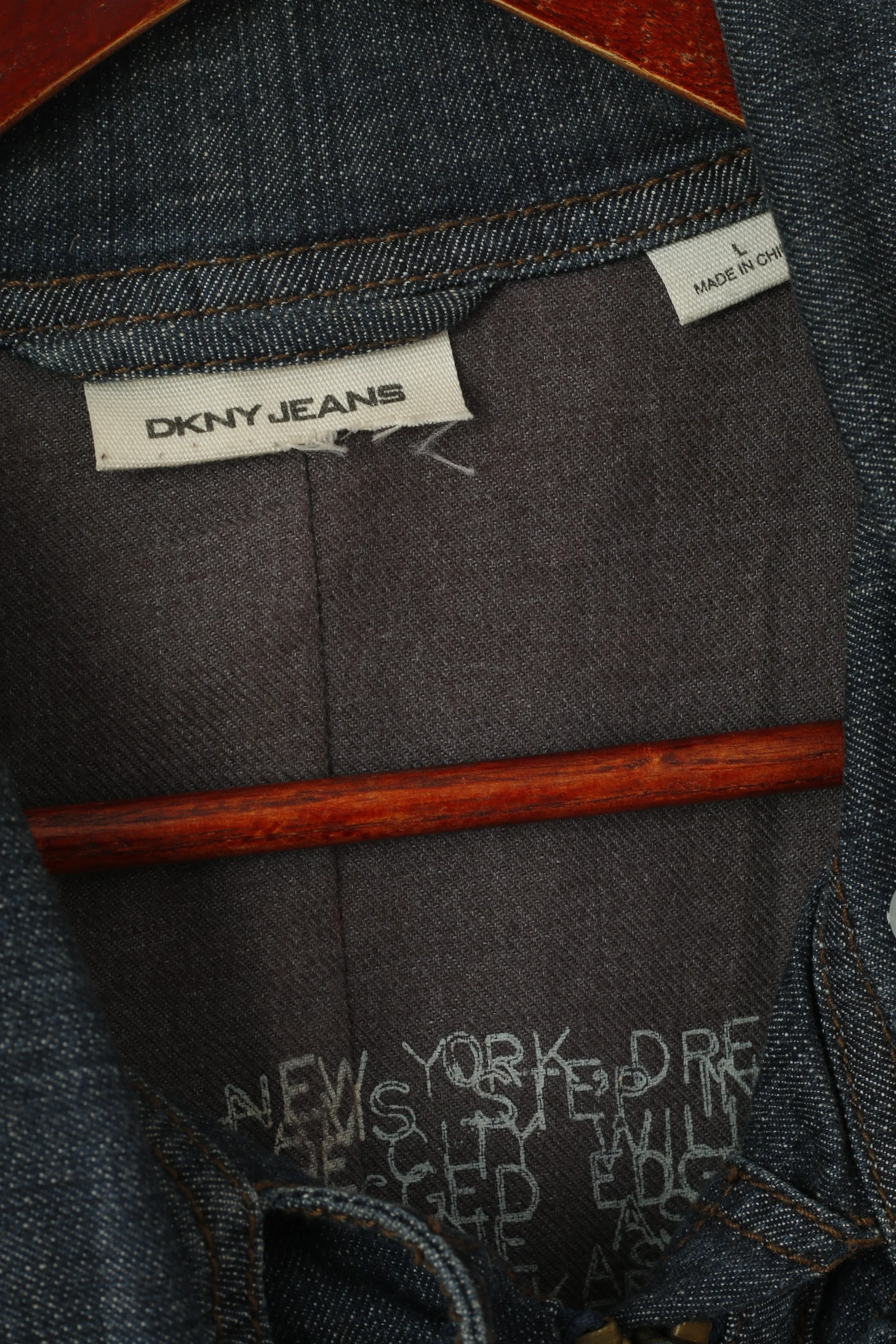 DKNY Jeans Women L Coat Navy Denim Cotton Full Zipper Belted Pockets Long Top - Image 4