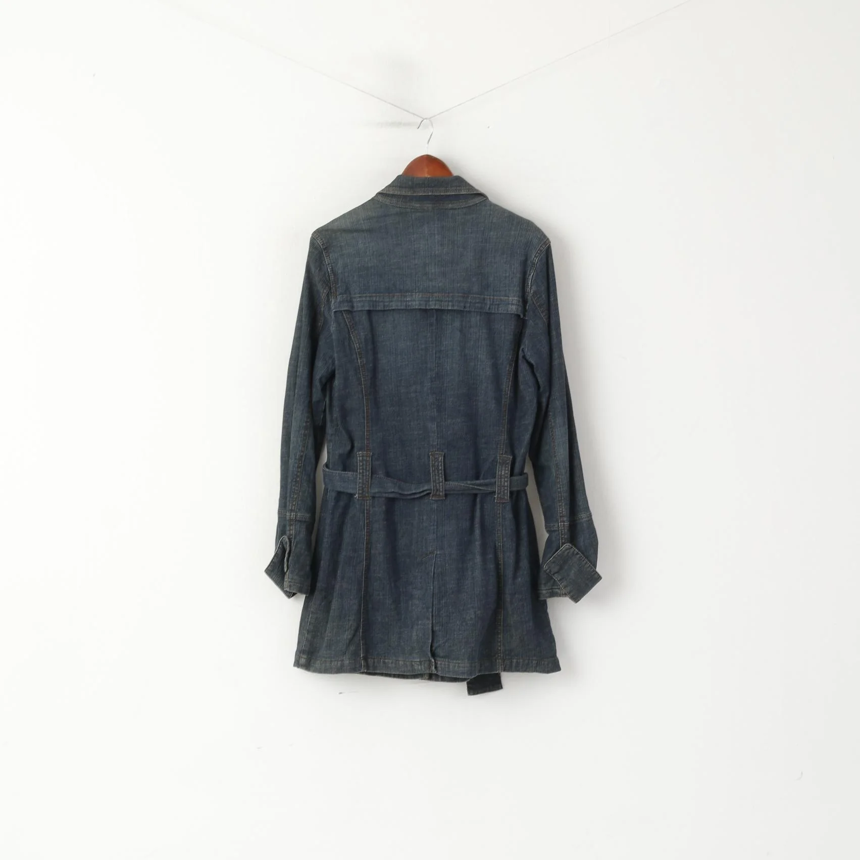 DKNY Jeans Women L Coat Navy Denim Cotton Full Zipper Belted Pockets Long Top - Image 6