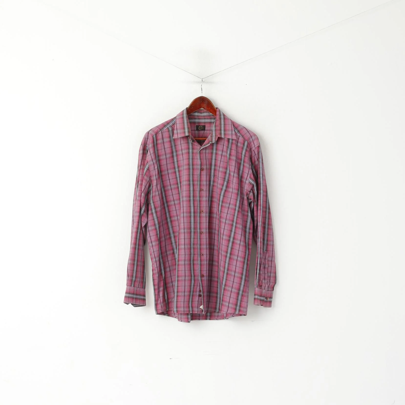 Just Calvino Men XL Casual Shirt Pink Check Cotton Long Sleeve Pocket Top