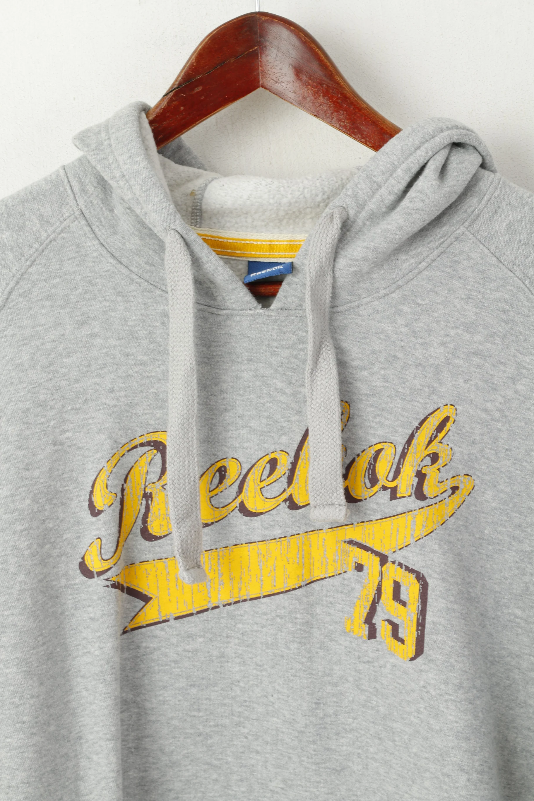 Reebok Men M Sweatshirt Grey Cotton Hooded Vintage Kangaroo Pocket Hoodie Top - Image 2