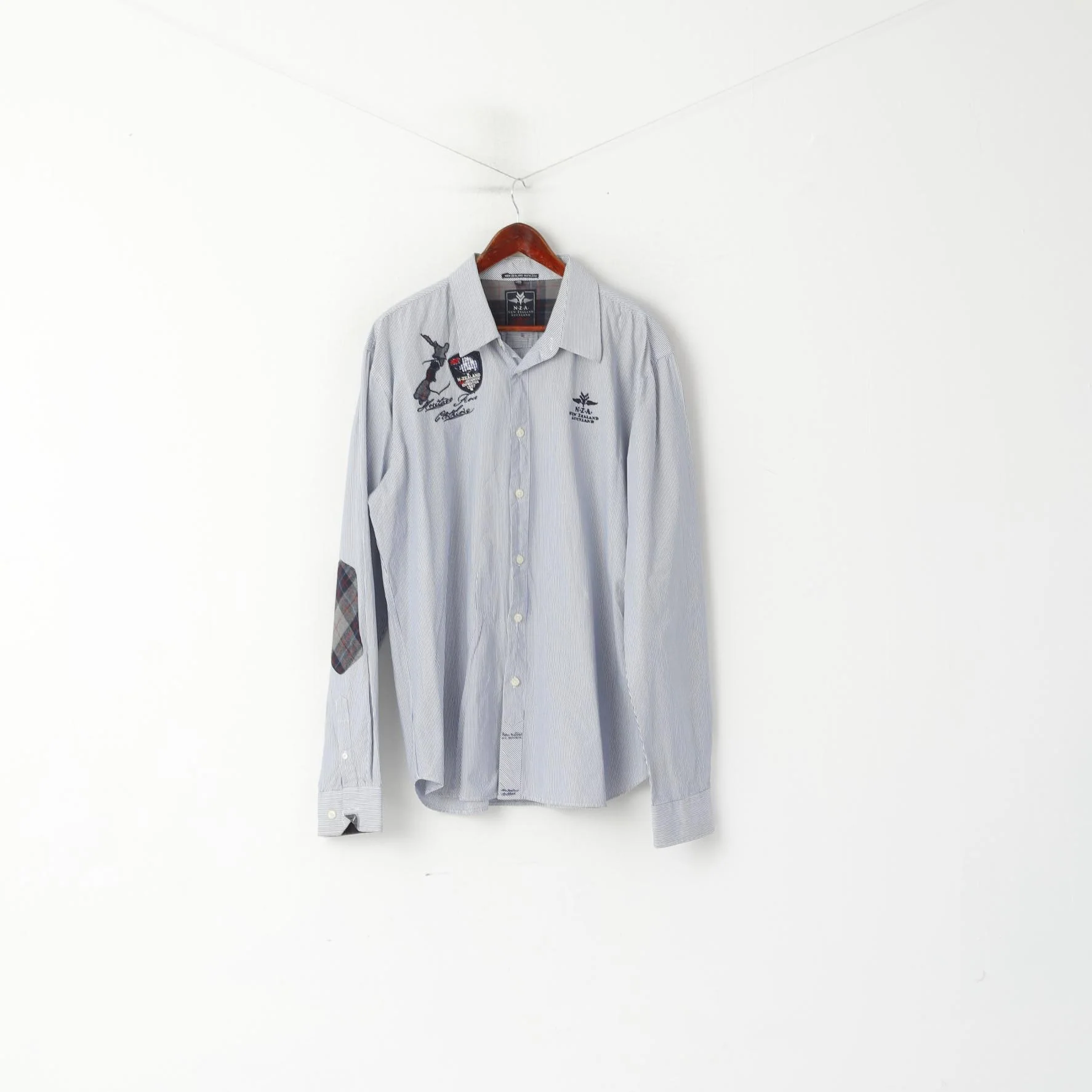 New Zealand Auckland Men 4XL (2XL) Casual Shirt Blue Striped Cotton Patches Long Sleeve