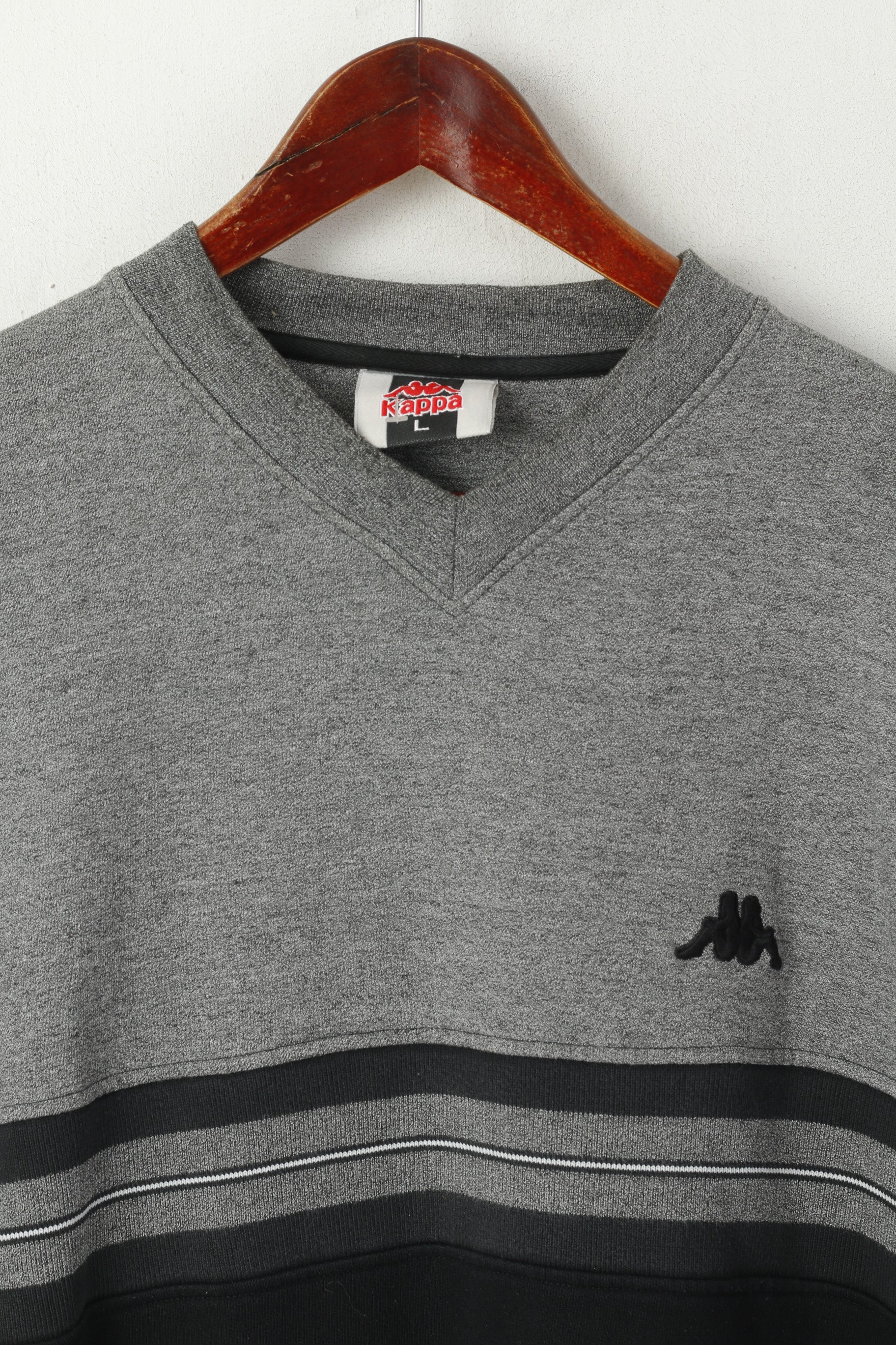 Kappa Men L Sweatshirt Gray Vintage Cotton V Neck Sportswear Top - Image 2