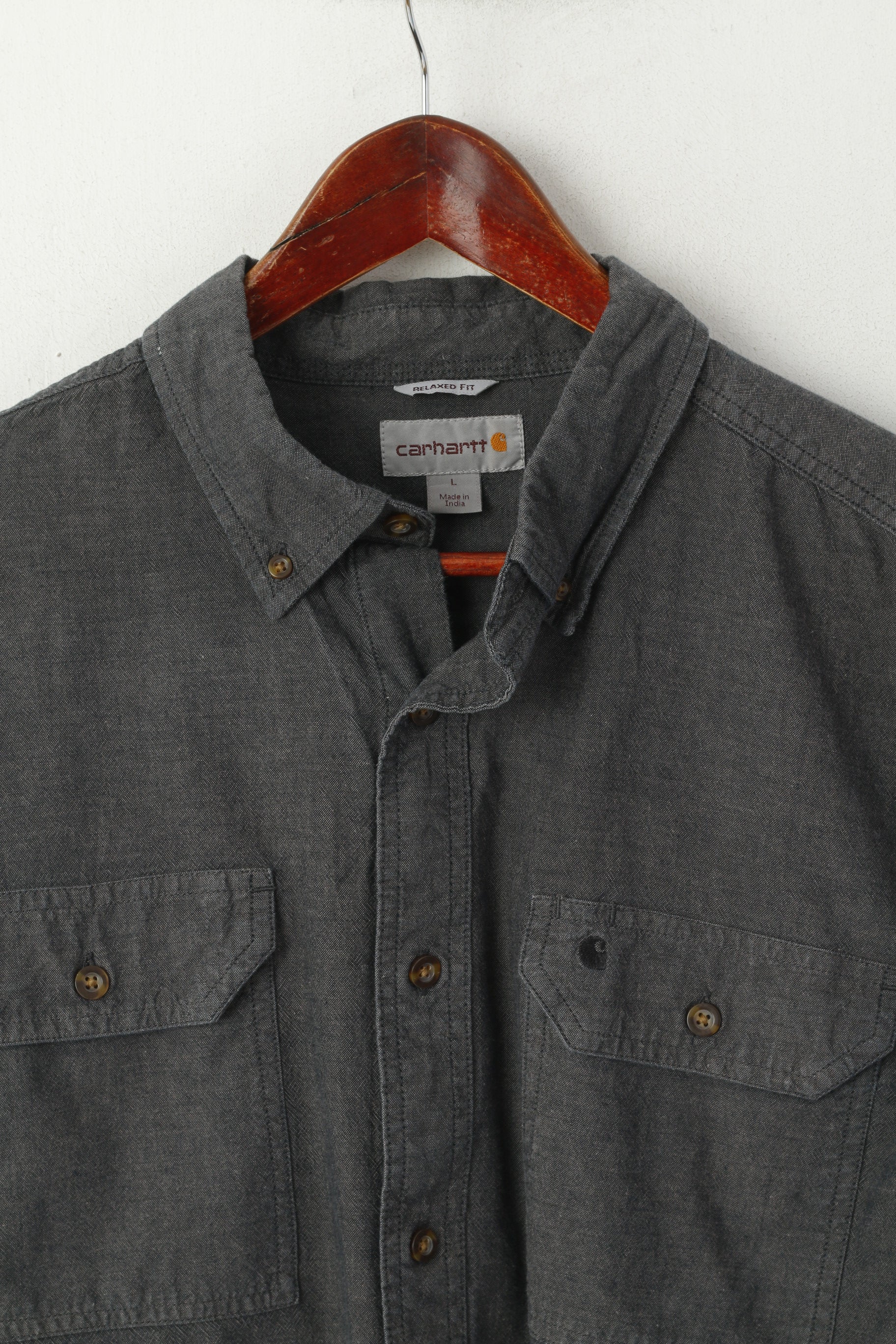 Carhartt Men L Casual Shirt Gray Cotton Relaxed Fit Long Sleeve Pockets Top - Image 2