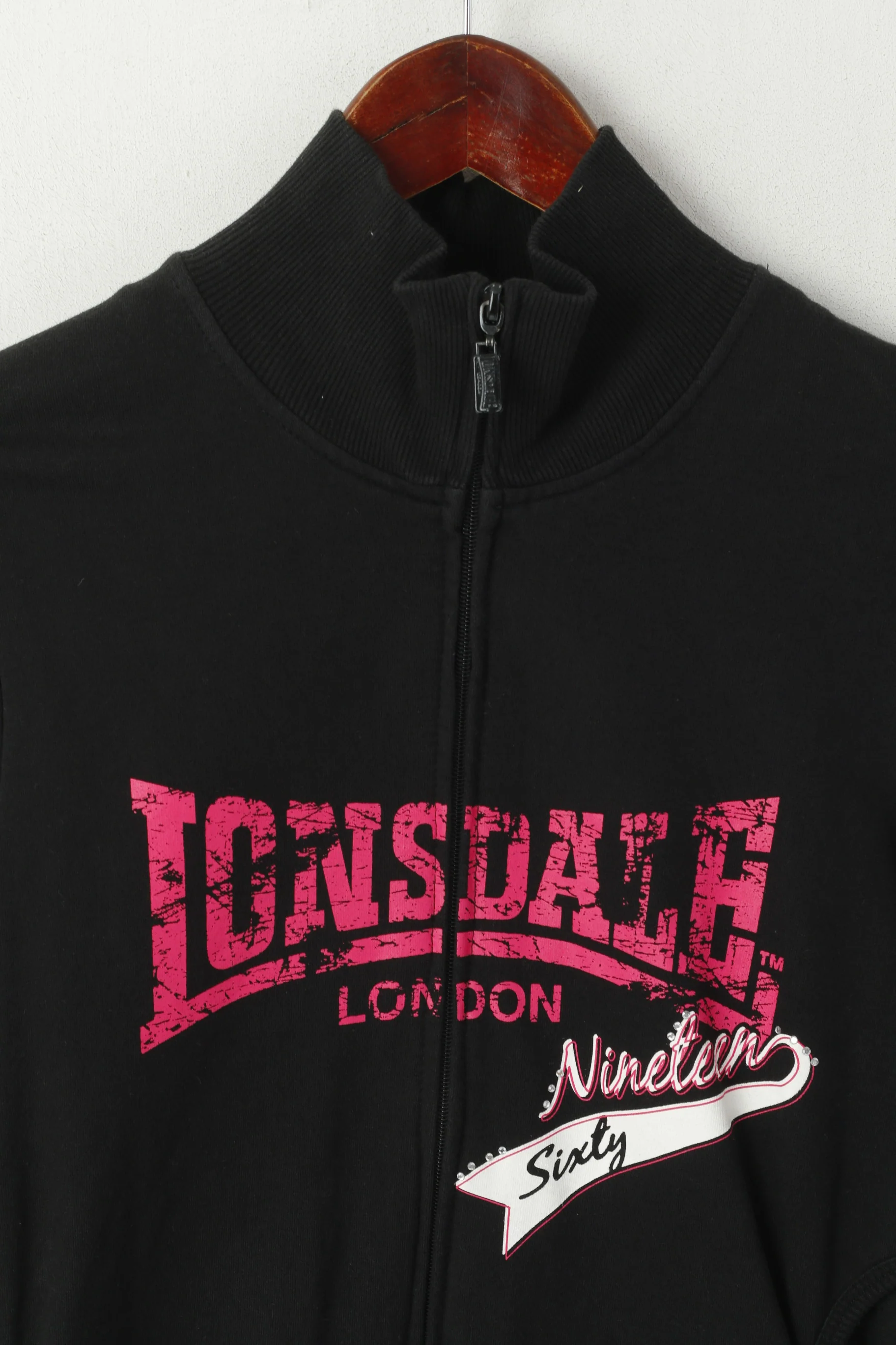 Lonsdale London Women 12 S Sweatshirt Black Cotton Logo Full Zip Cropped Top - Image 2