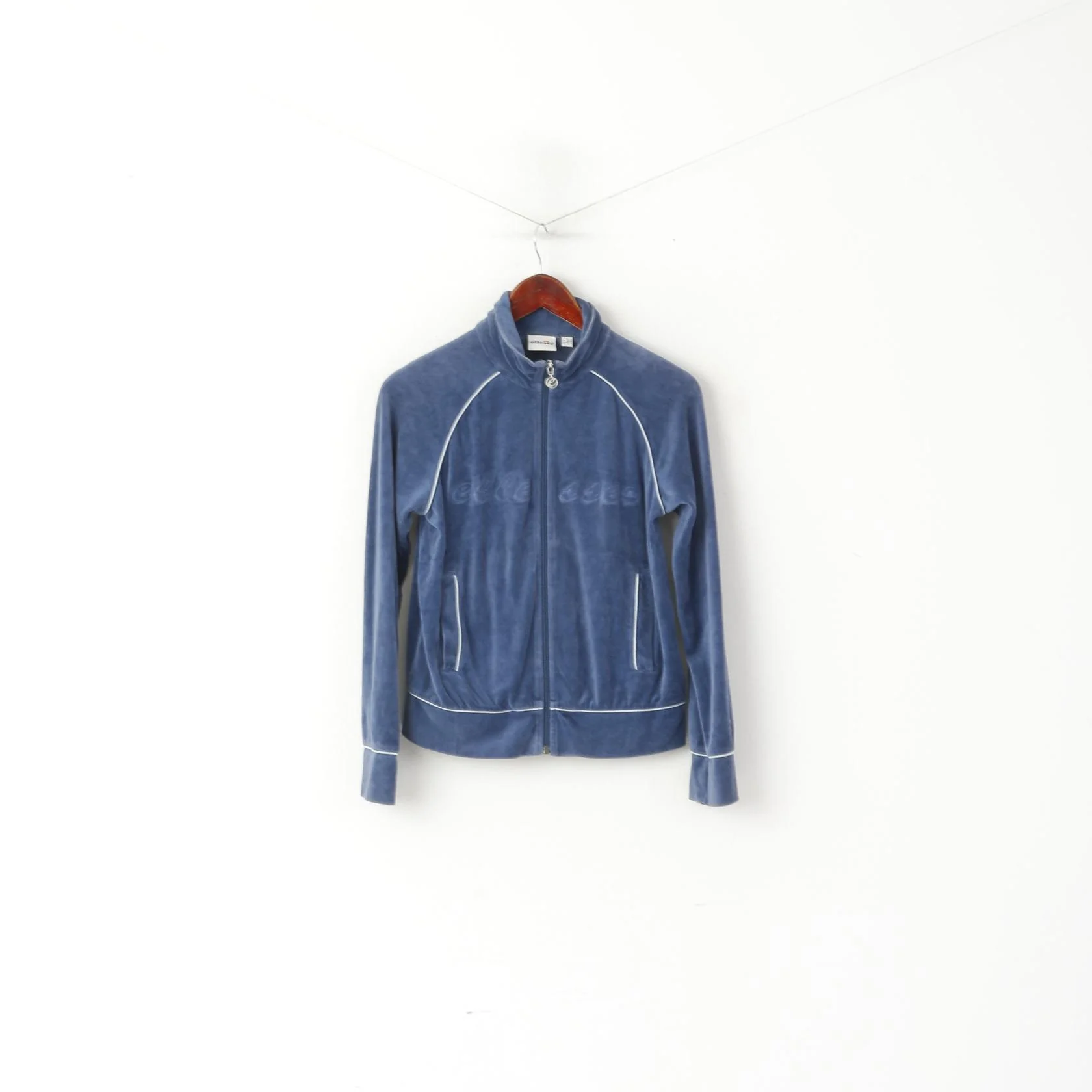Ellesse Women 12 S Sweatshirt Blue Cotton Velvet Full Zipper Cropped Top