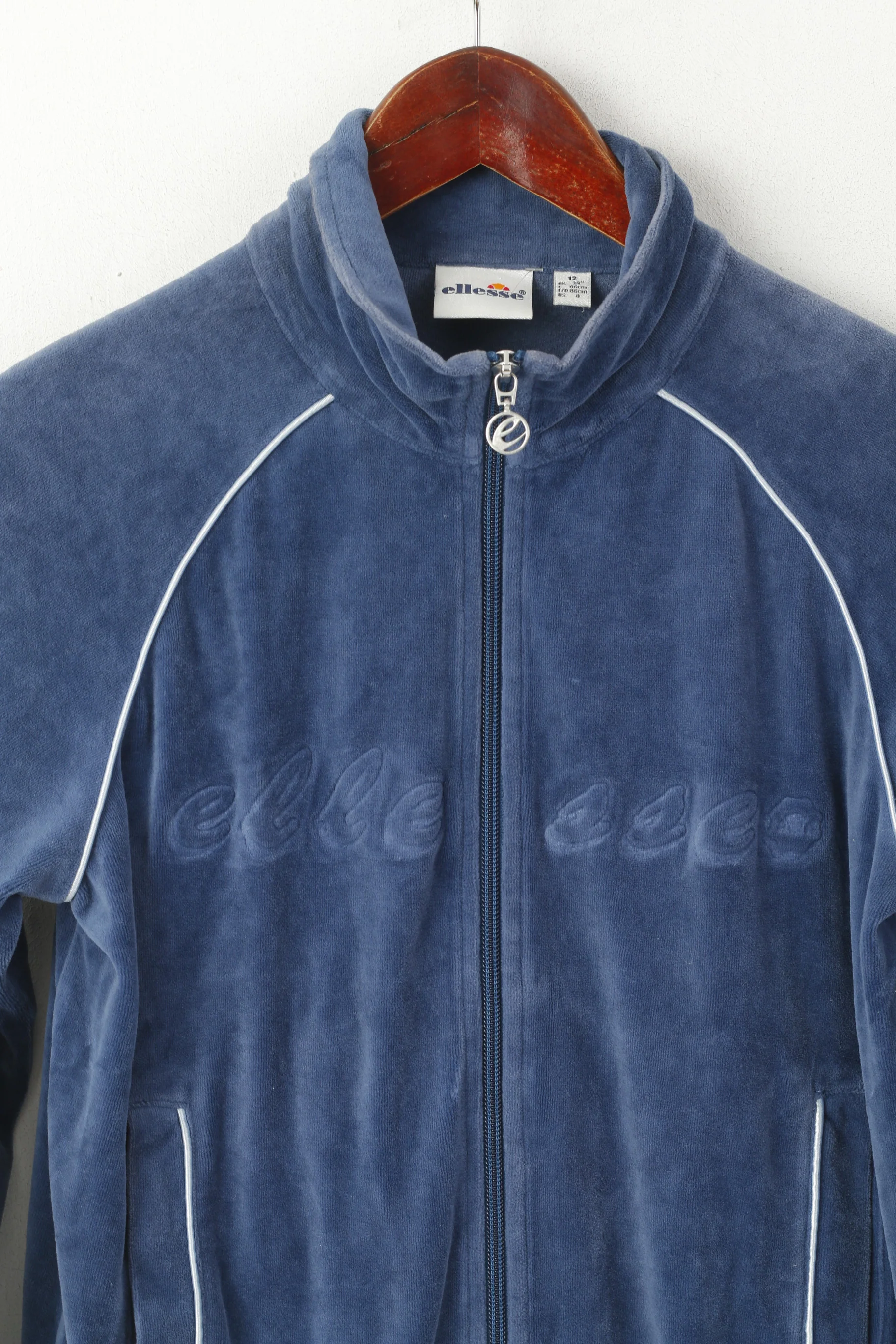 Ellesse Women 12 S Sweatshirt Blue Cotton Velvet Full Zipper Cropped Top - Image 2