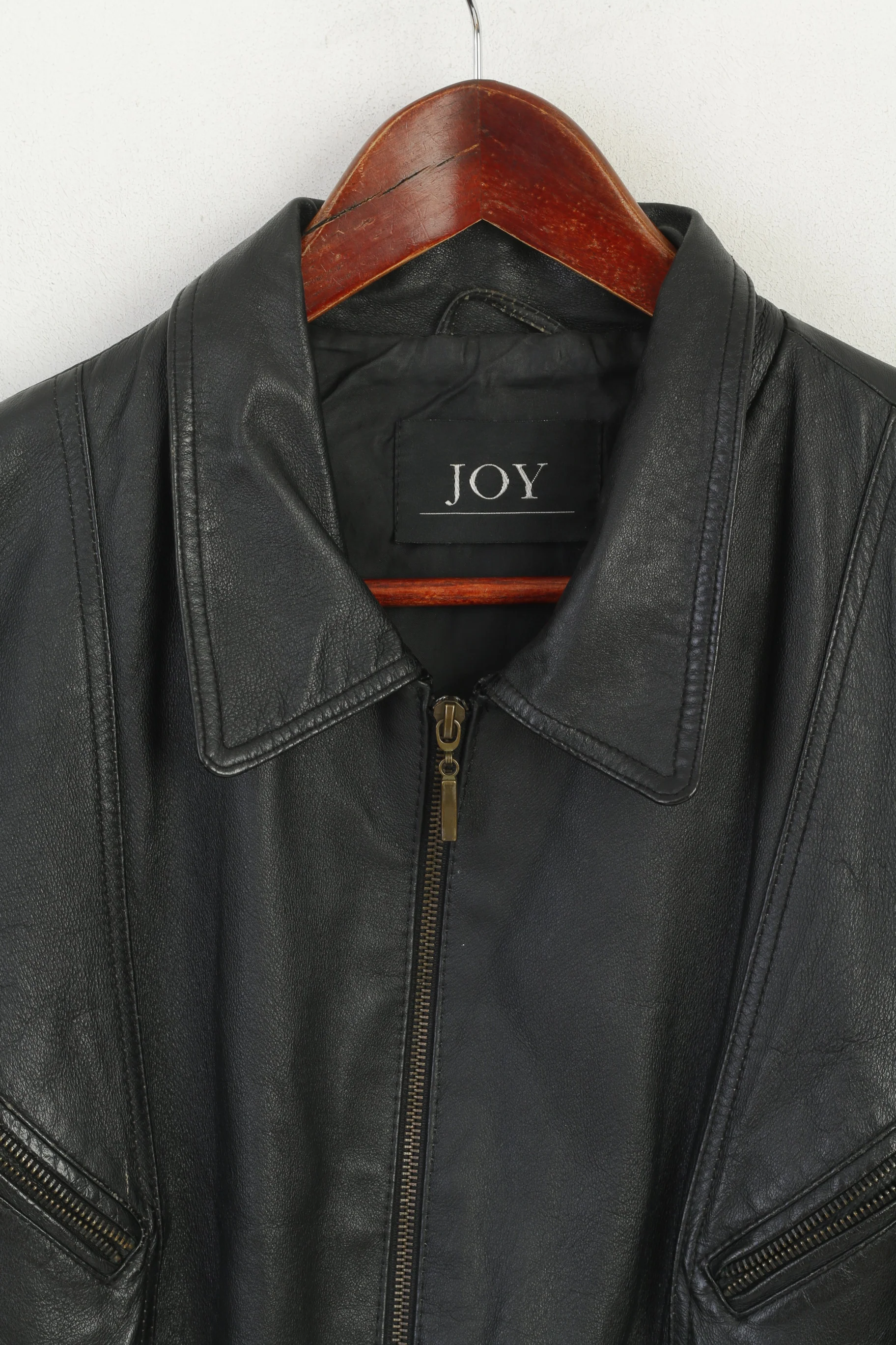 JOY Women XL Leather Jacket Black Vintage Belted Biker Full Zip Retro Top - Image 2