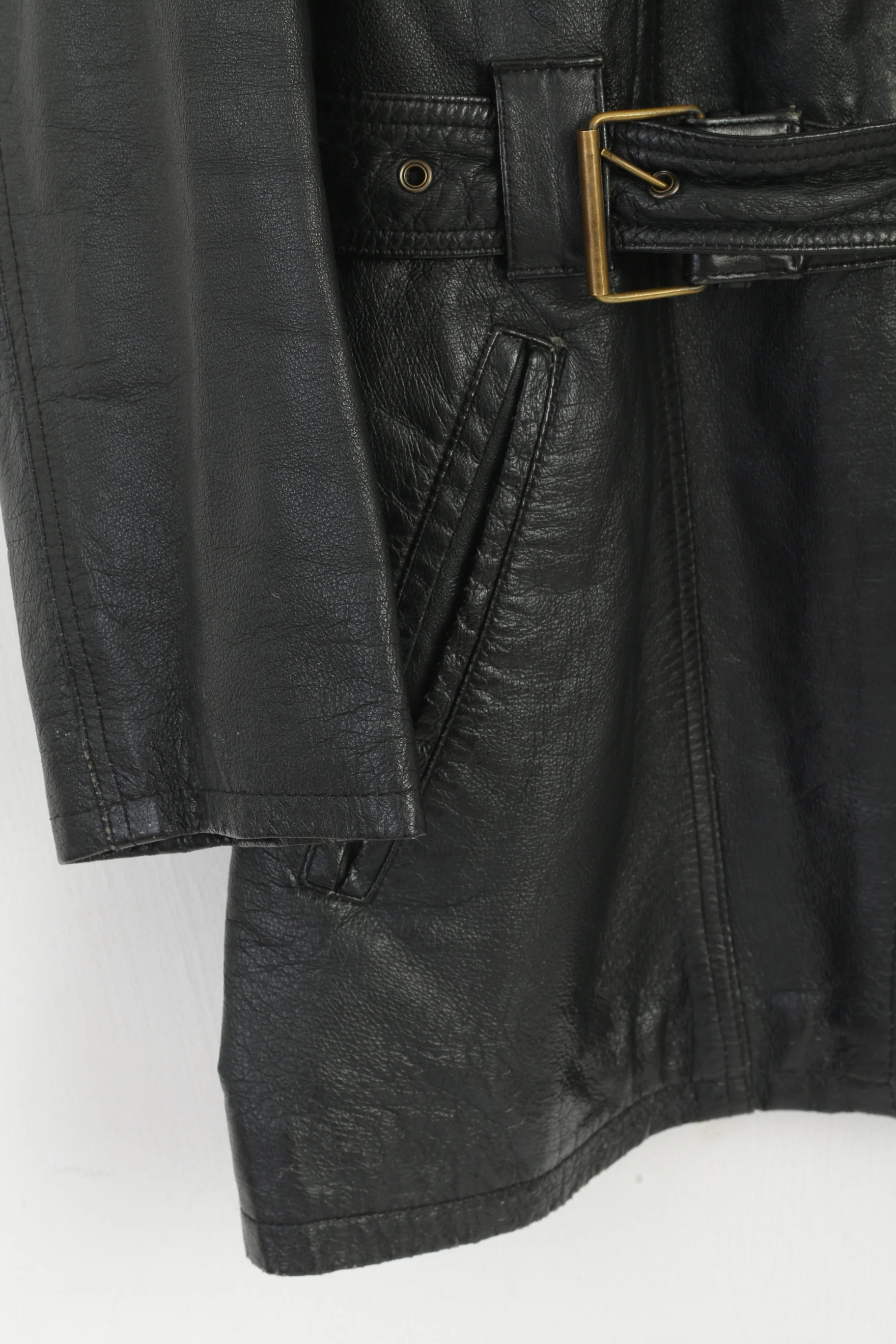 JOY Women XL Leather Jacket Black Vintage Belted Biker Full Zip Retro Top - Image 3