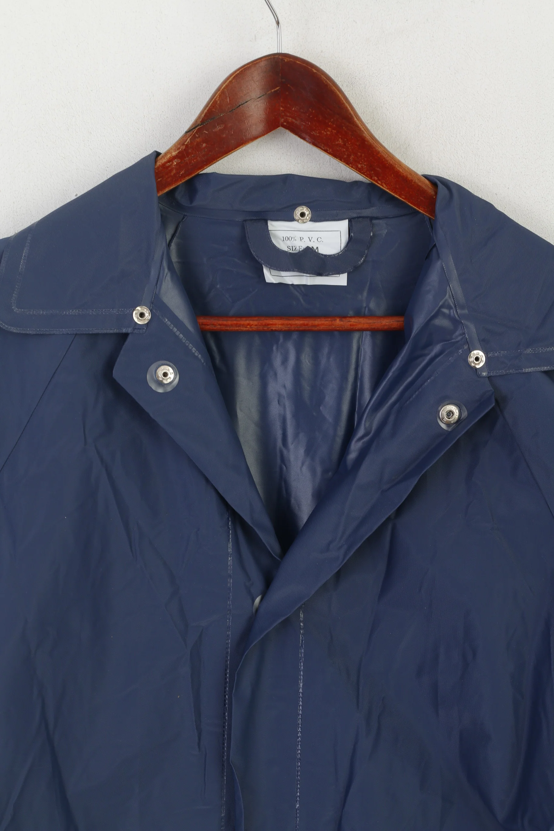 Vintage Women M Rain Coat Navy 100% PVC Waterproof Long Snap Top - Image 2