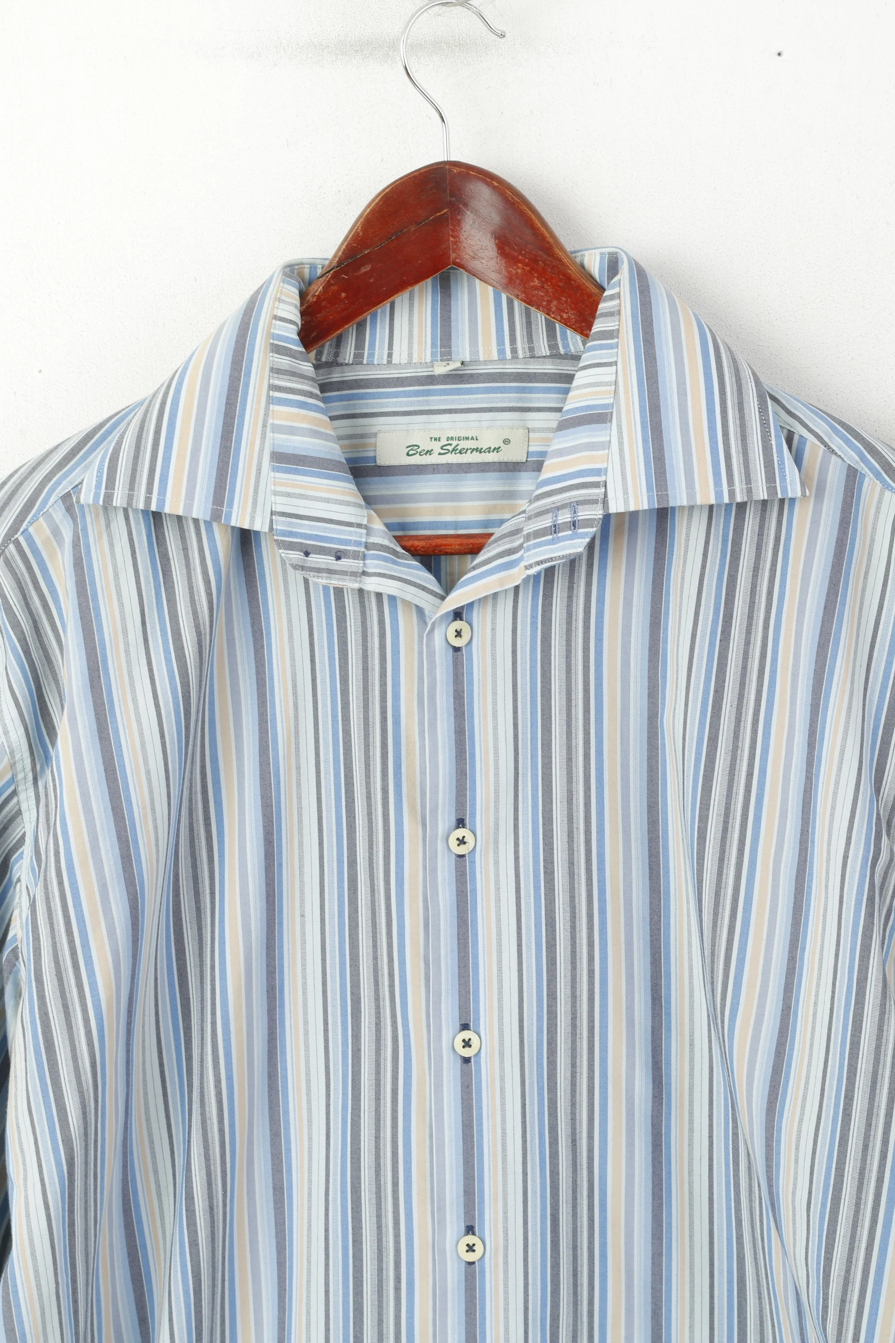 Ben Sherman Men L Casual Shirt Blue Striped Cotton Long Sleeve Top - Image 2